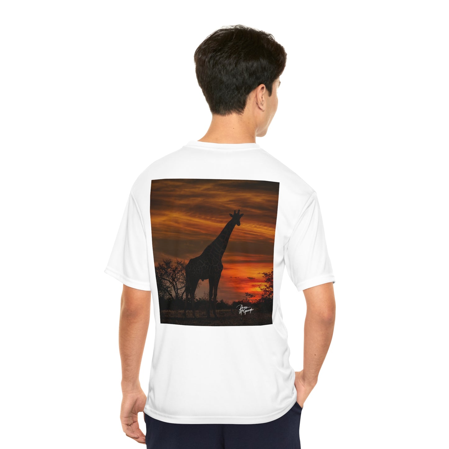 Men's Performance T-Shirt with Fine Art Image of Giraffe Silhouette at Sunset by Enjoy Nature