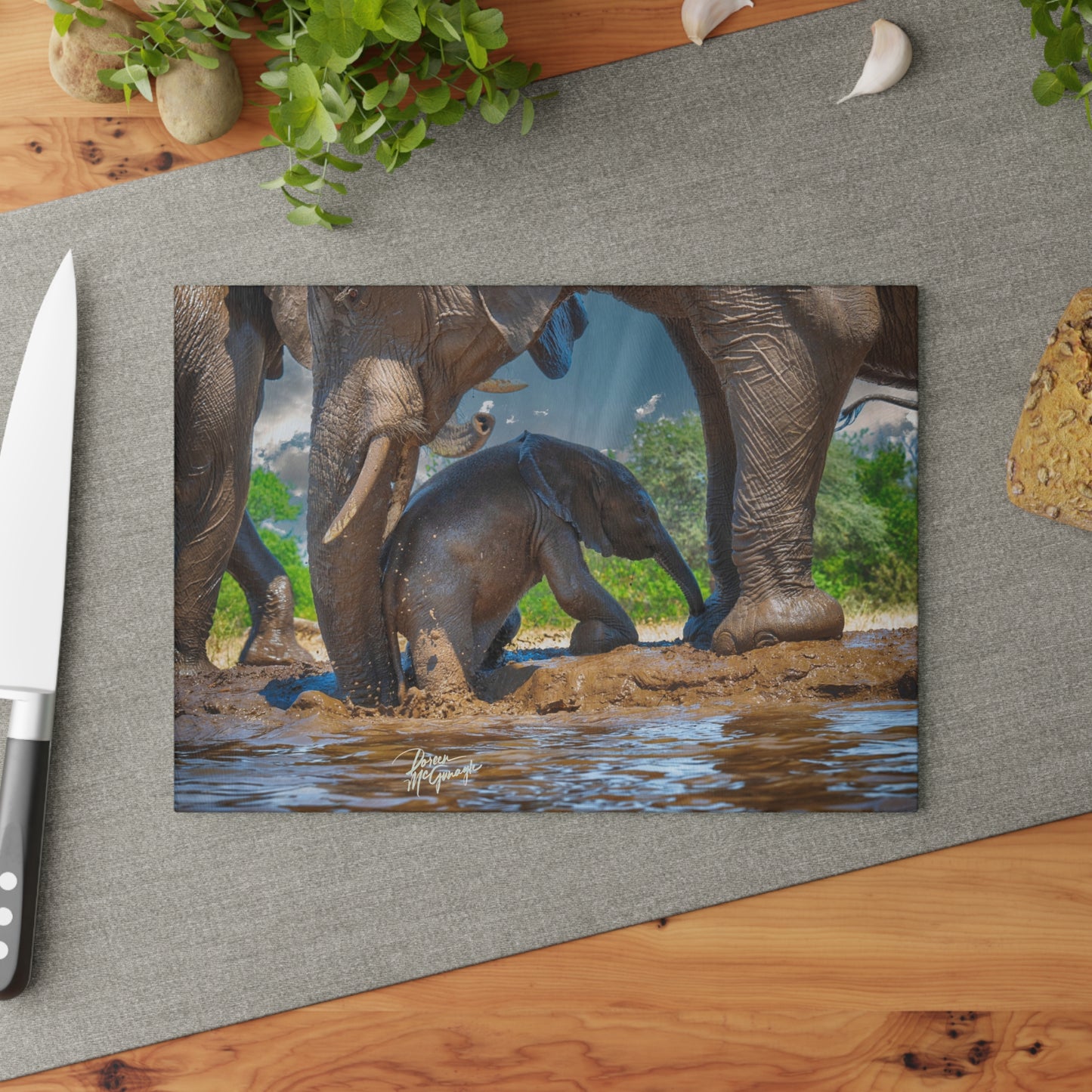 Enjoy Nature Glass Charcuterie Cutting Board with Elephant Baby Protected by Mom Design