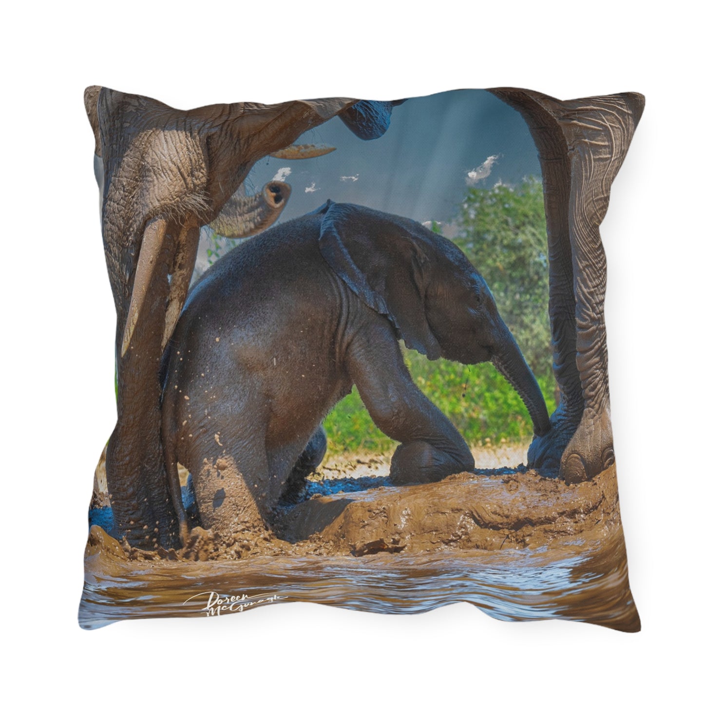 Enjoy Nature Outdoor Pillow with Elephant Baby with Protective Mom – Artistic, Comfy, and Durable Decorative Accent