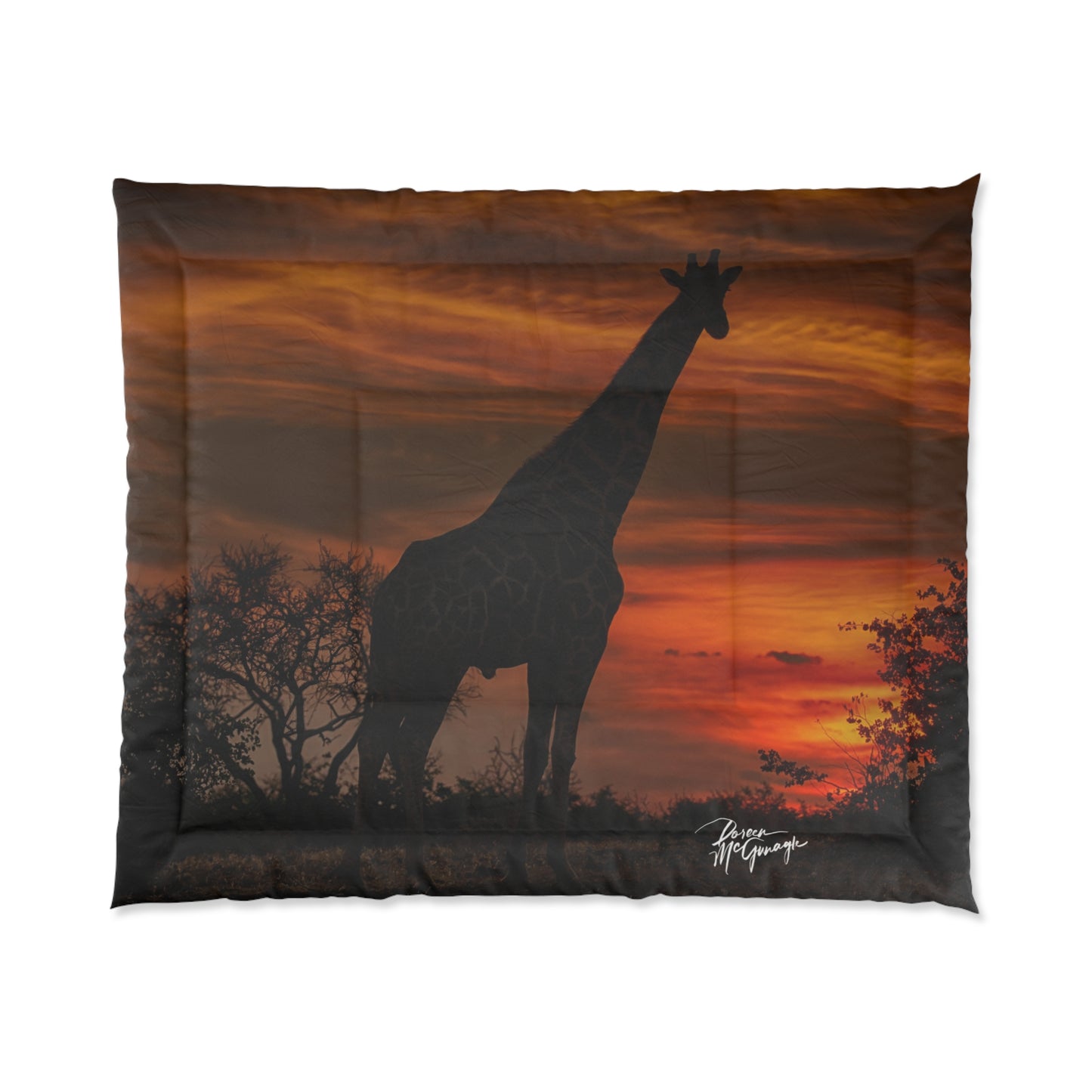 Giraffe Silhouette at Sunset Comforter by Enjoy Nature