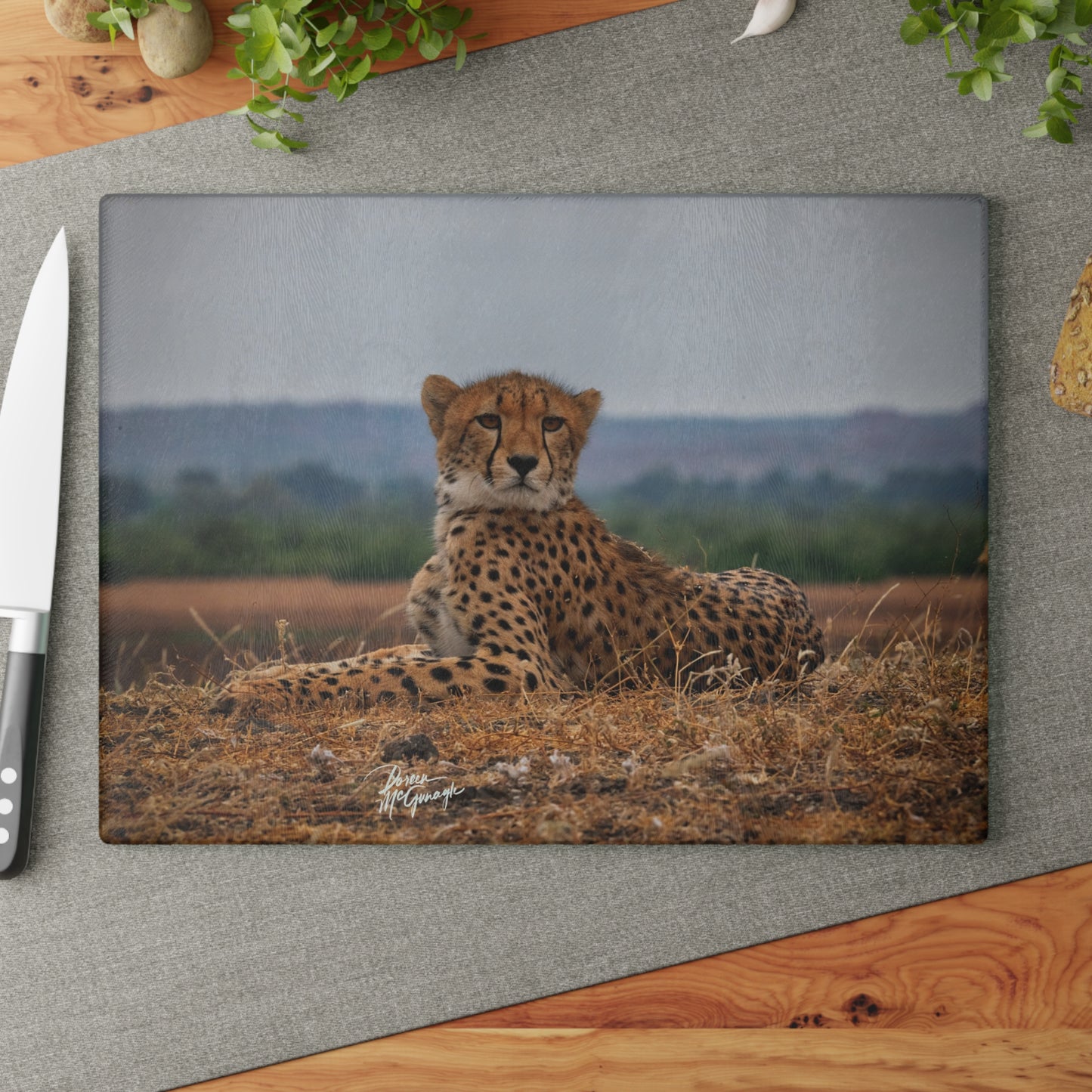 Enjoy Nature Glass Charcuterie Cutting Board with Cheetah Portrait