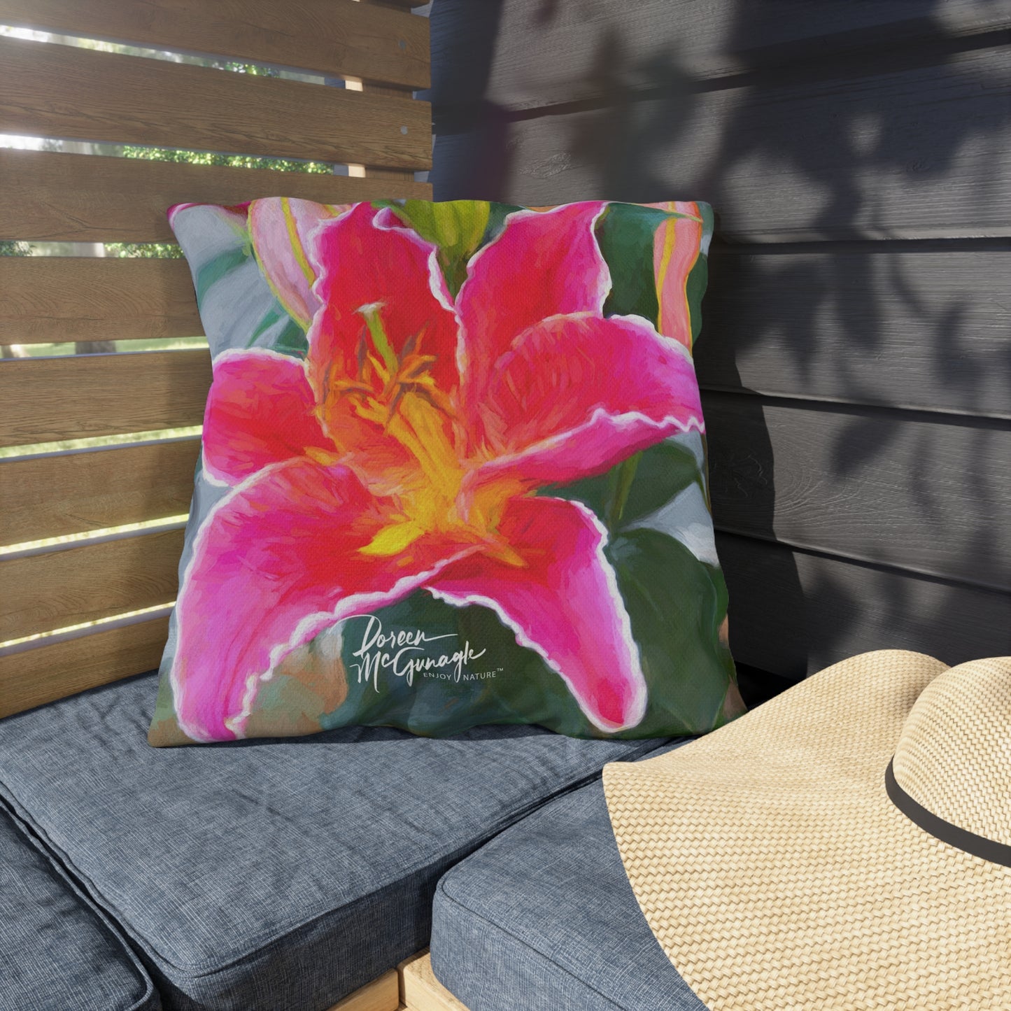 Enjoy Nature Outdoor Pillow with Pink Lily – Artistic, Comfy, and Durable Decorative Accent