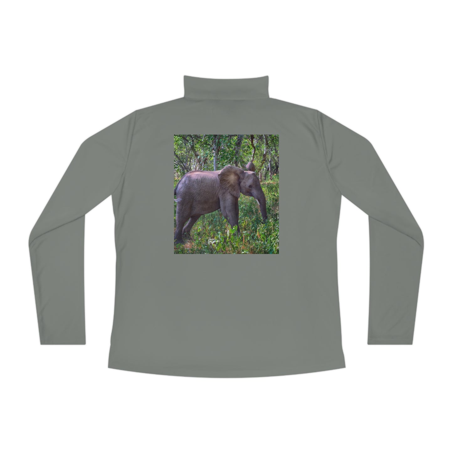 Ladies Quarter-Zip Pullover with Fine Art Image of Elephant Baby in Forest by Enjoy Nature