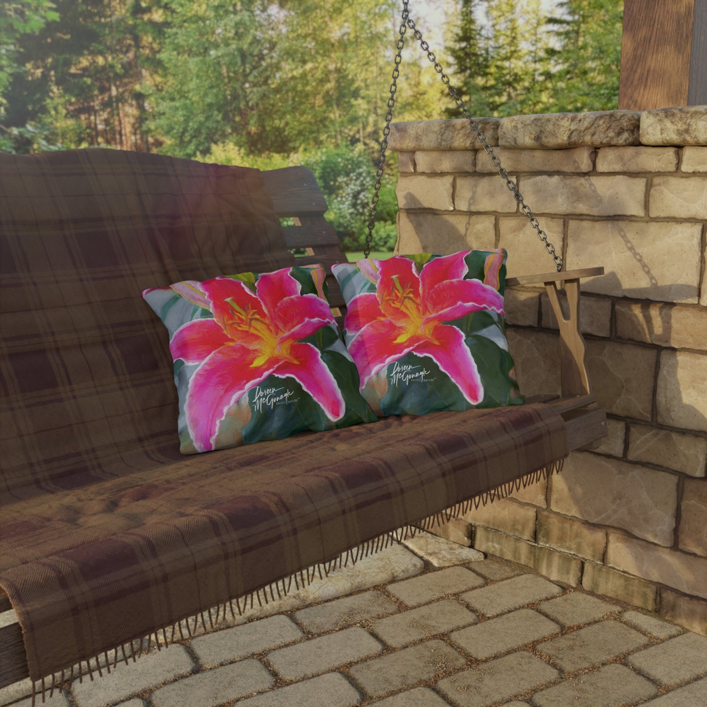 Enjoy Nature Outdoor Pillow with Pink Lily – Artistic, Comfy, and Durable Decorative Accent