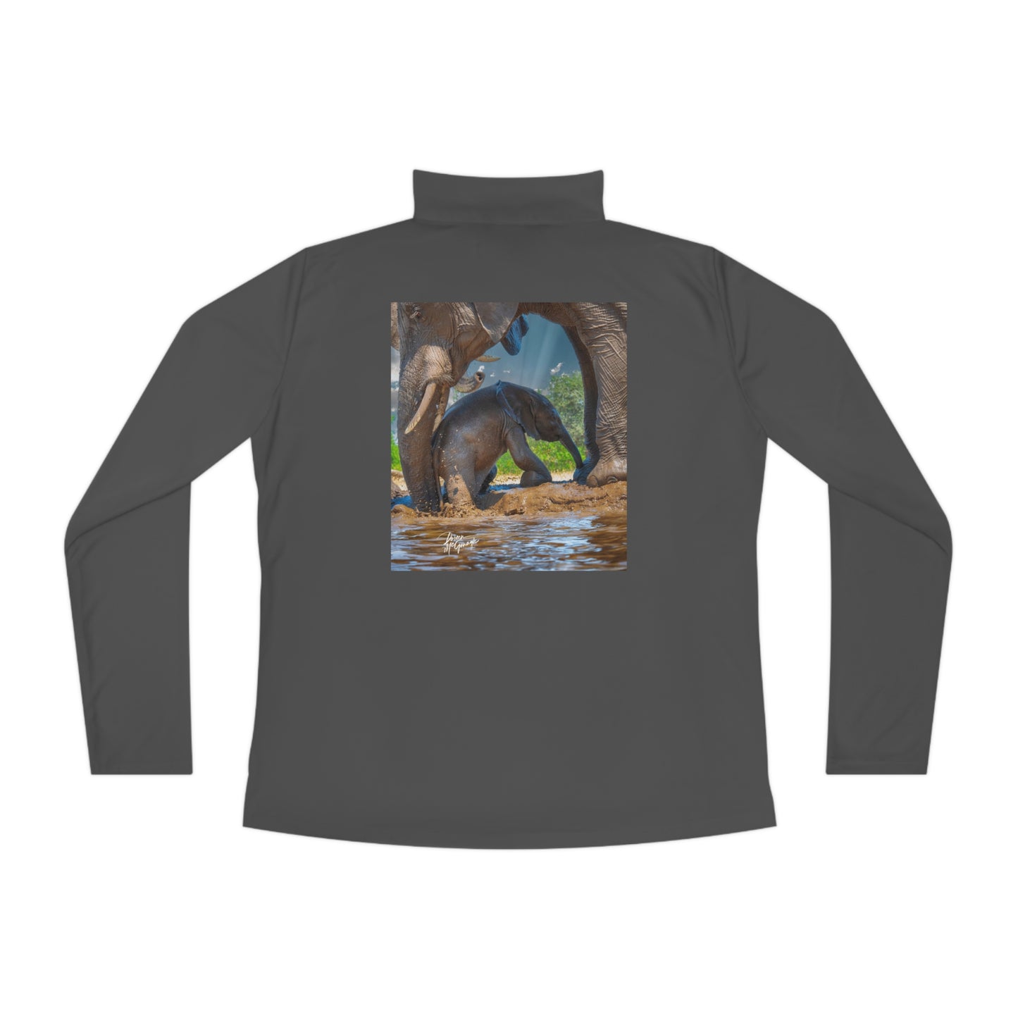 Ladies Quarter-Zip Pullover with Fine Art Image of Elephant Baby with Mom's Gentle Touch by Enjoy Nature