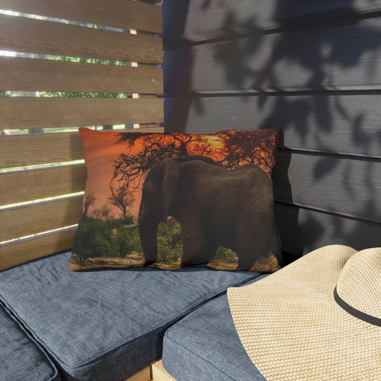 Enjoy Nature Outdoor Pillow with Spirited Elephant at Sunset – Artistic, Comfy, and Durable Decorative Accent