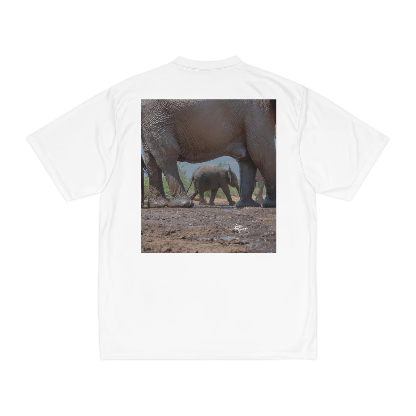 Men's Performance T-Shirt with Fine Art Image of Elephant Baby Under Mom's Watchful Eye by Enjoy Nature