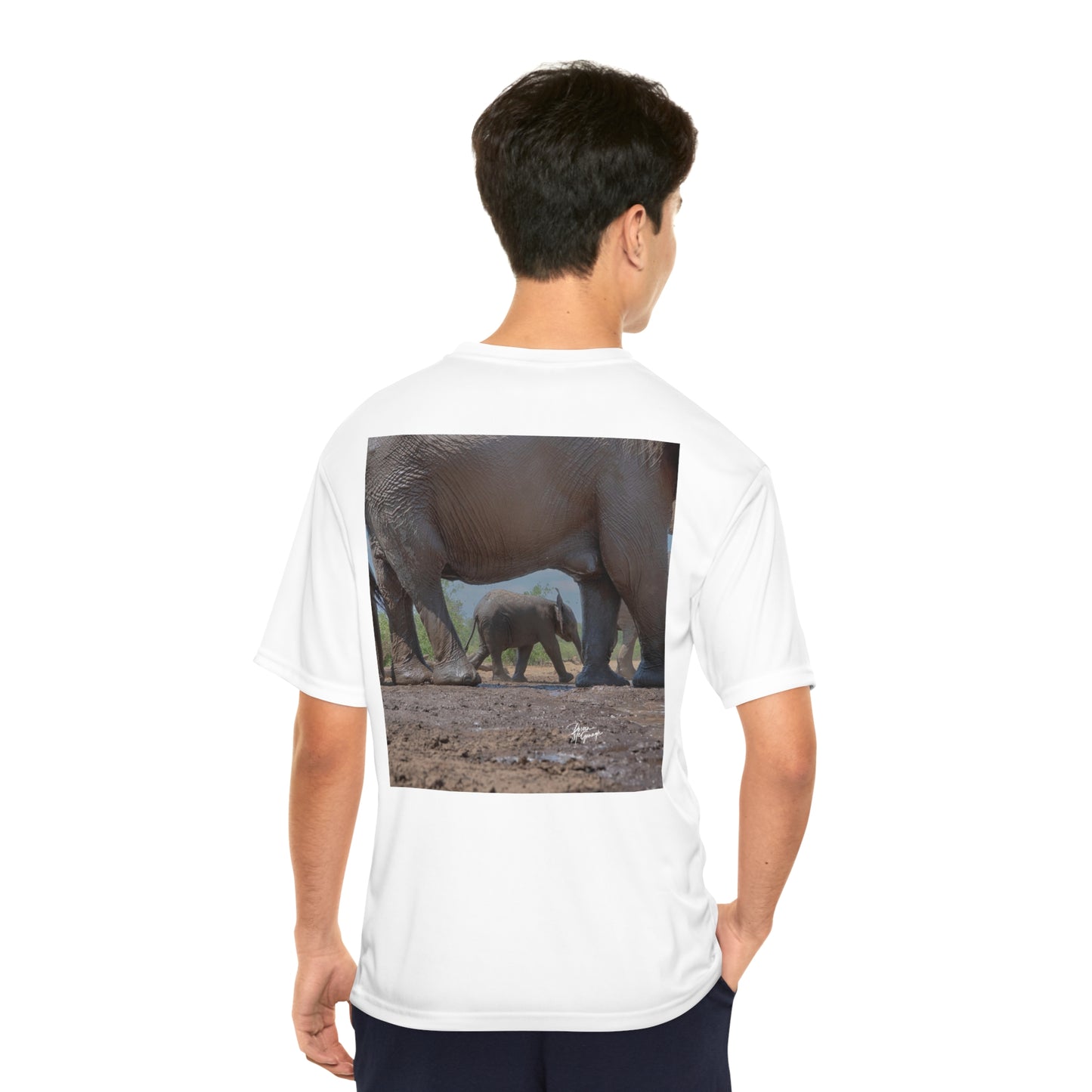 Men's Performance T-Shirt with Fine Art Image of Elephant Baby Under Mom's Watchful Eye by Enjoy Nature