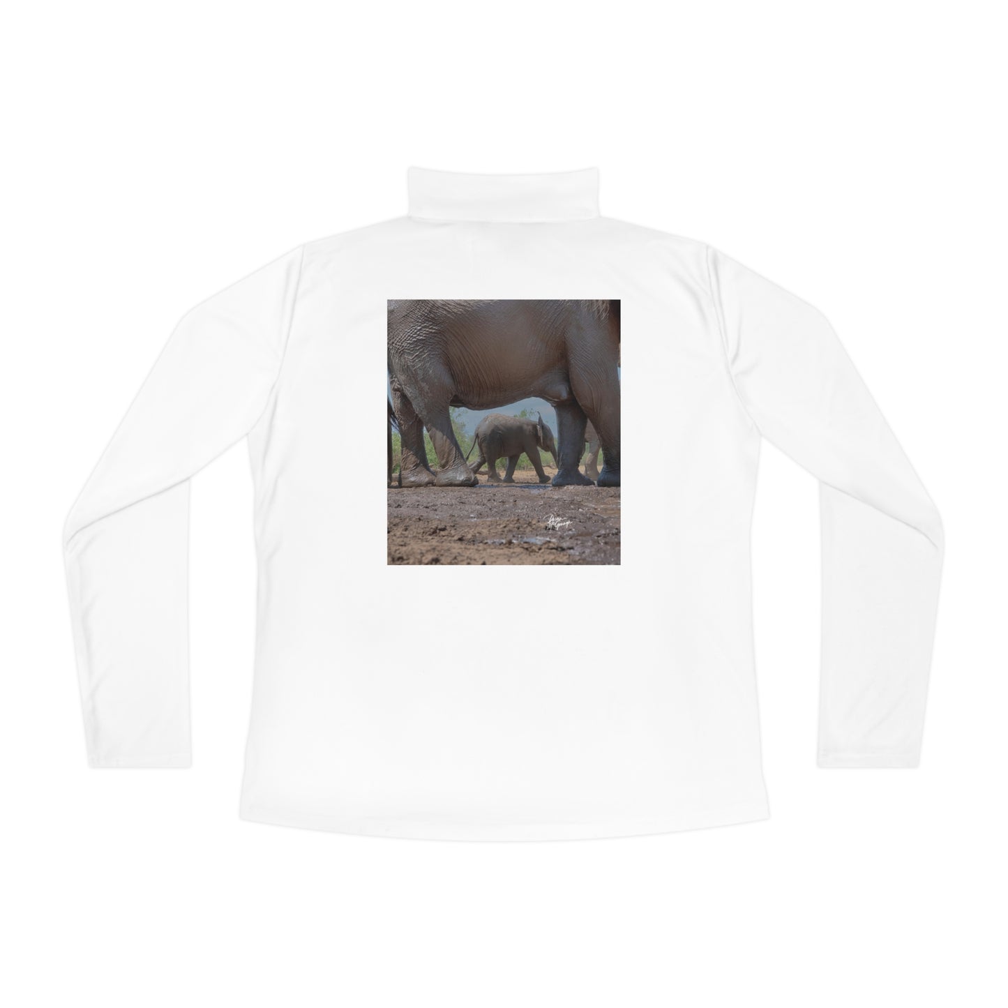 Ladies Quarter-Zip Pullover with Fine Art Image of Elephant Baby Under Mom's Watchful Eye by Enjoy Nature