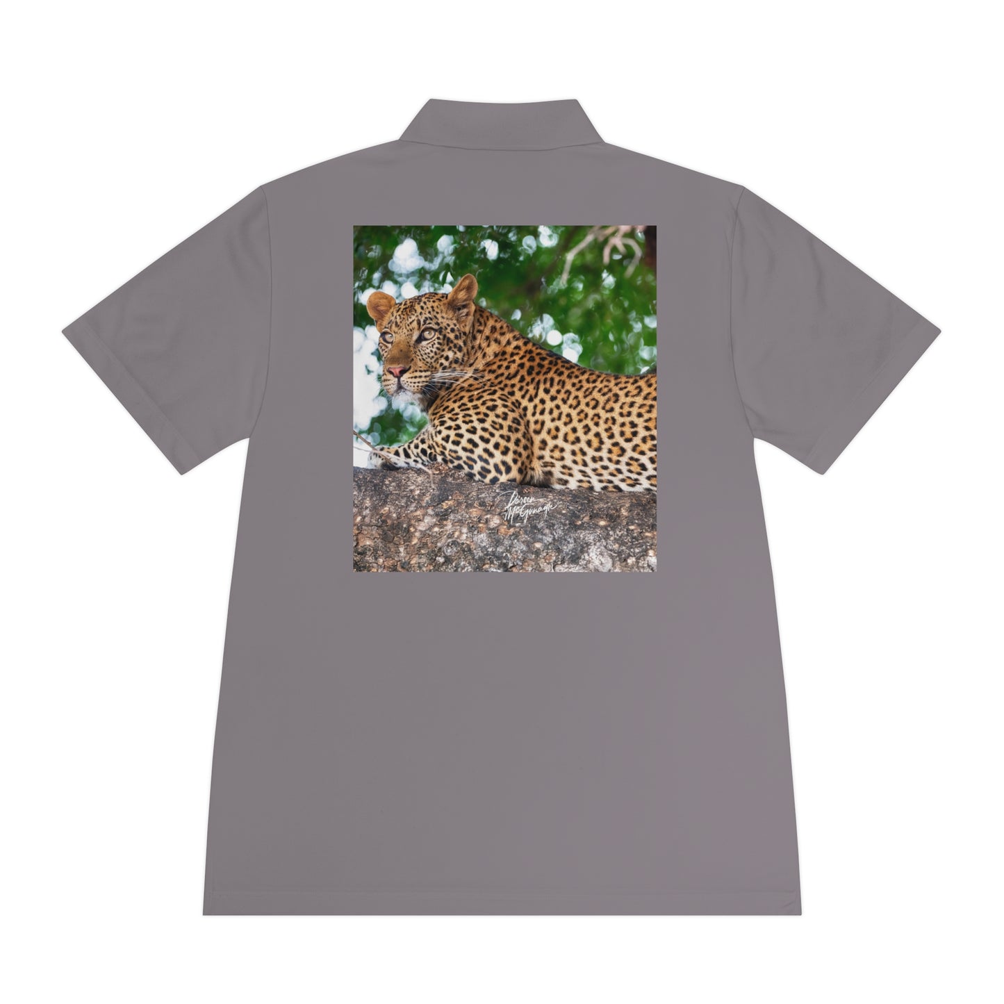 Men's Performance Polo Shirt - Leopard in Tree by Enjoy Nature