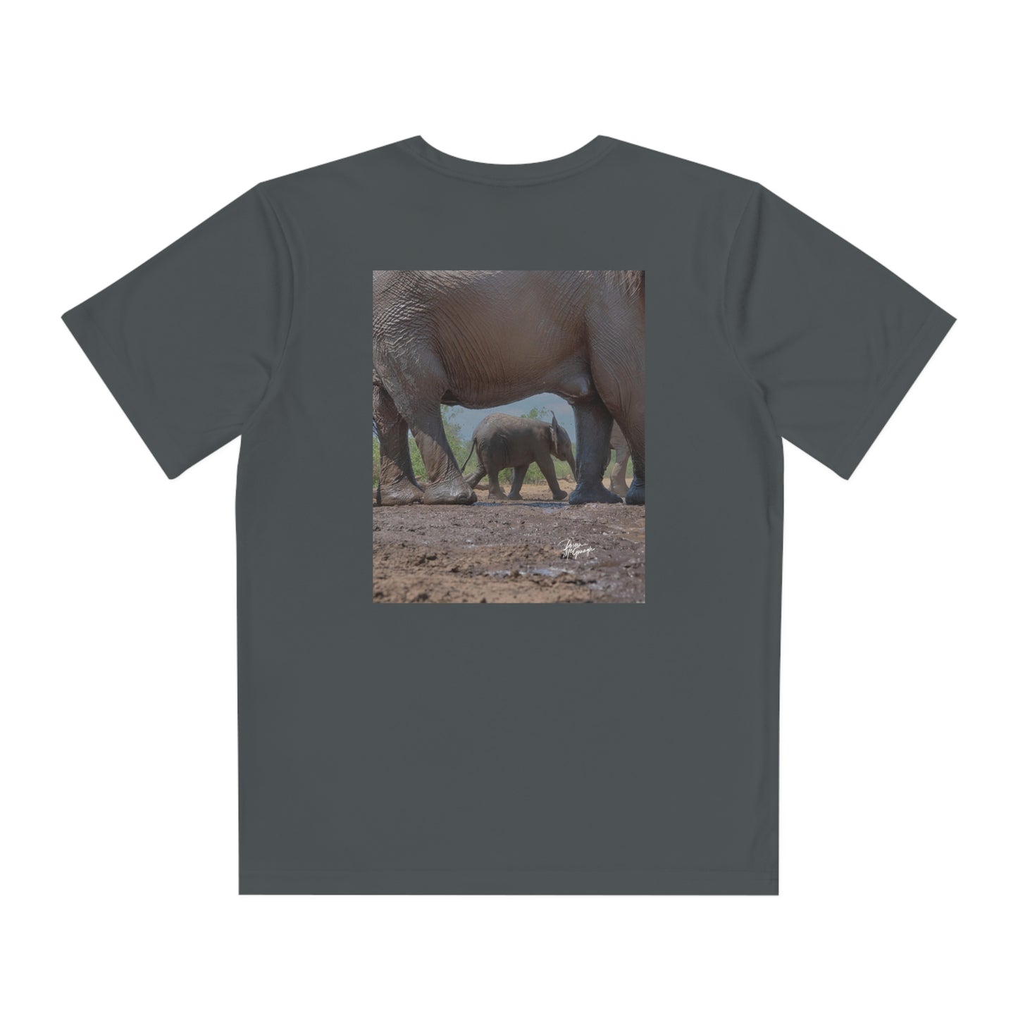 Youth Competitor Tee with Fine Art Image Baby Elephant Under Mom's Protection by Enjoy Nature