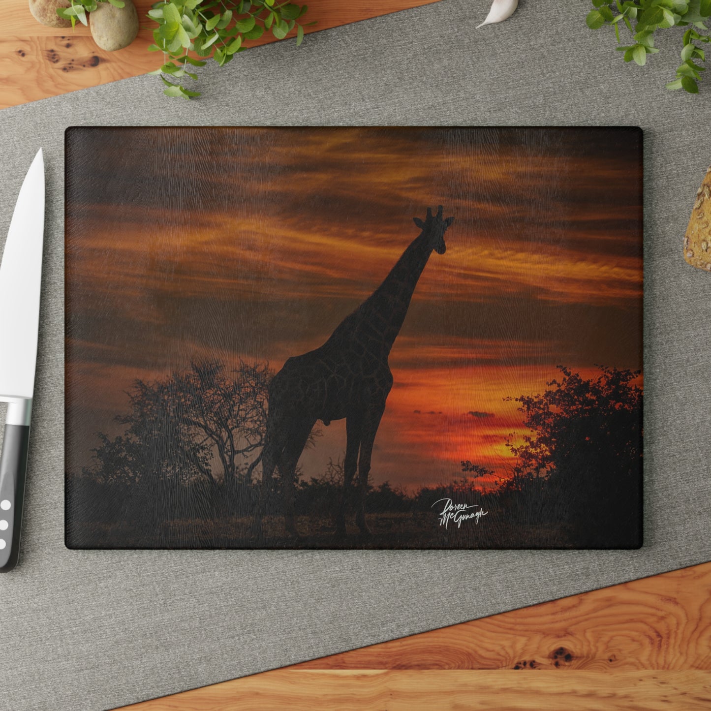 Enjoy Nature Glass Charcuterie Cutting Board with Giraffe Silhouette Design