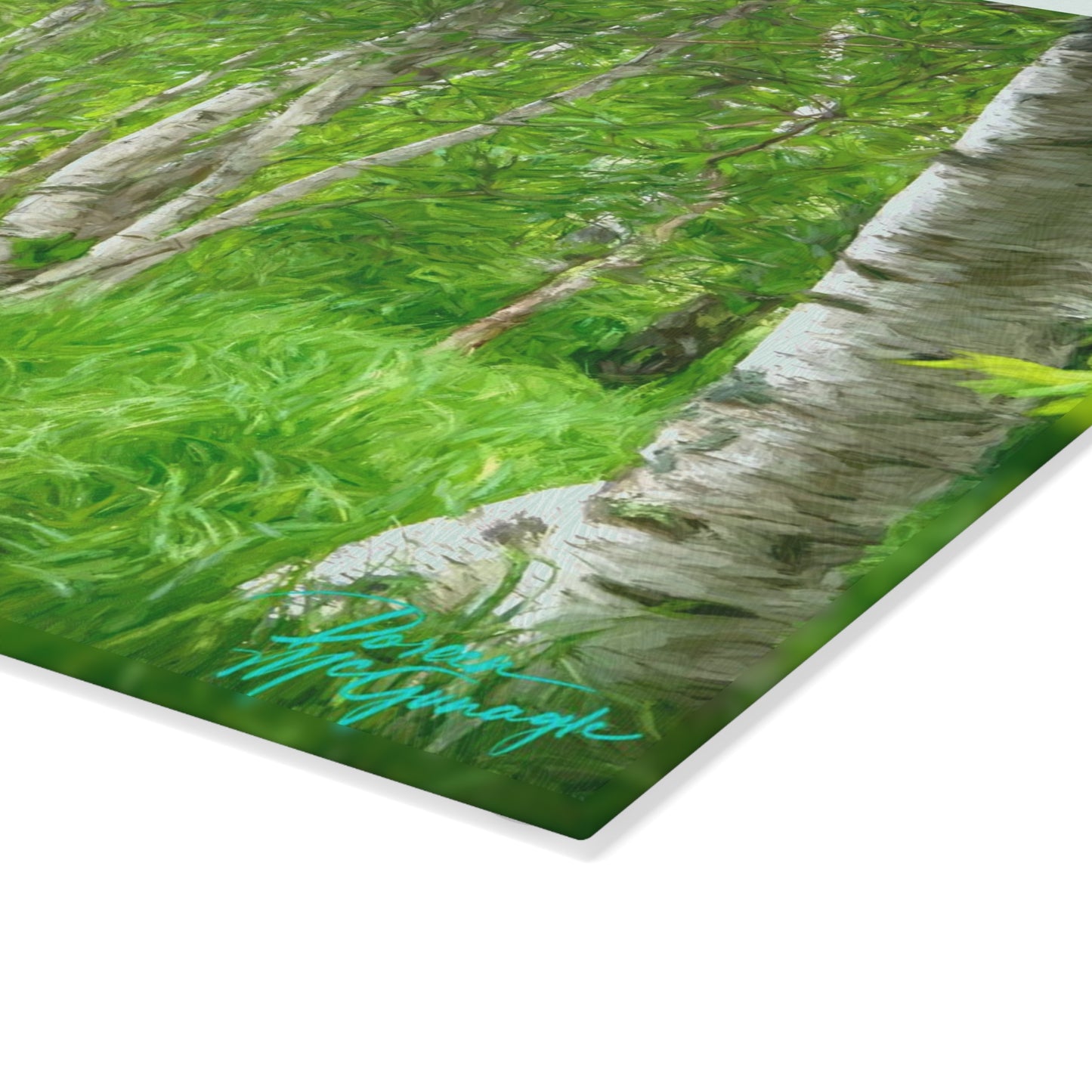 Artistic Magical Birch Forest Glass Cutting Board with Nature-Inspired Design