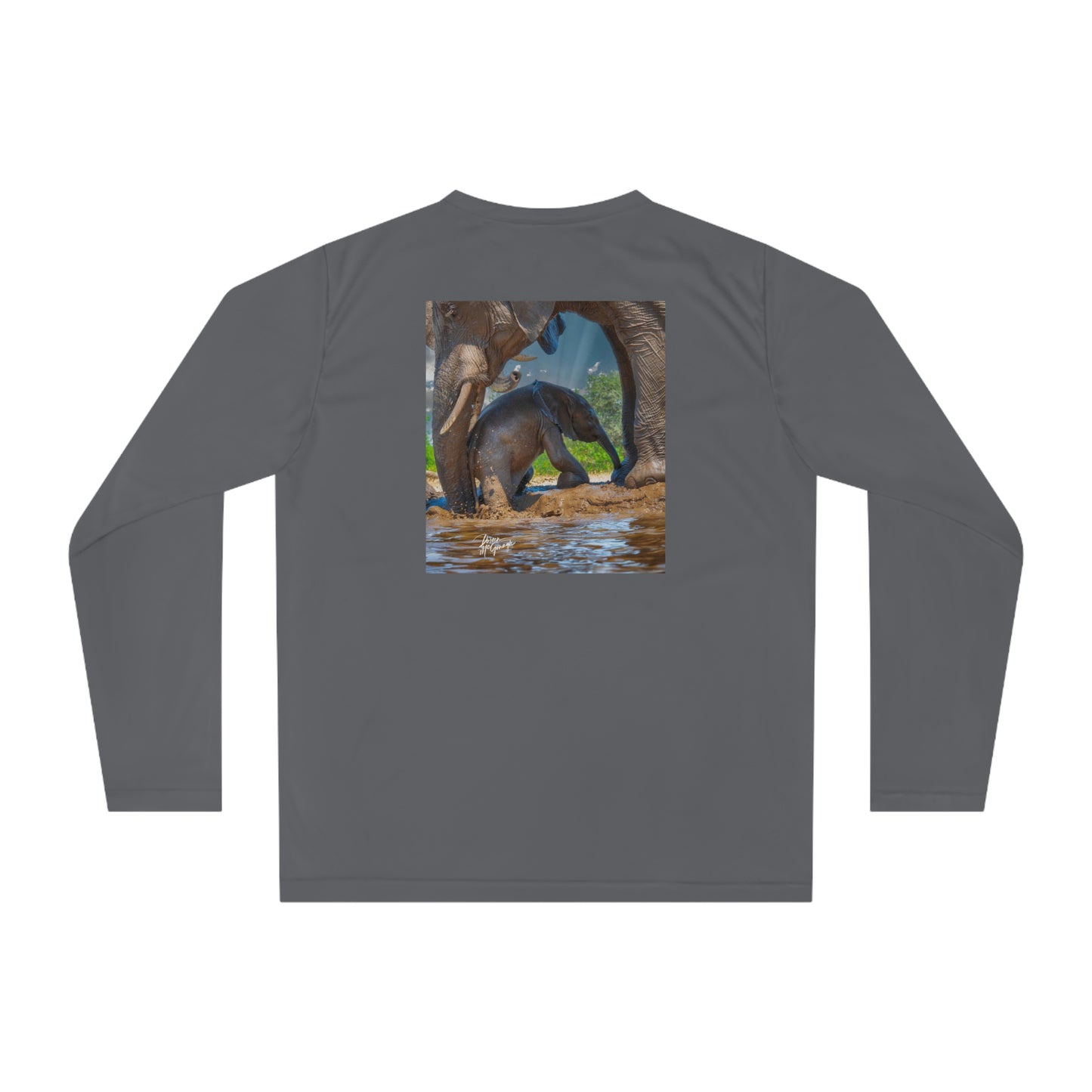 Unisex Long Sleeve Performance Tee - "Elephant Baby with Mom's Gentle Touch" by Enjoy Nature