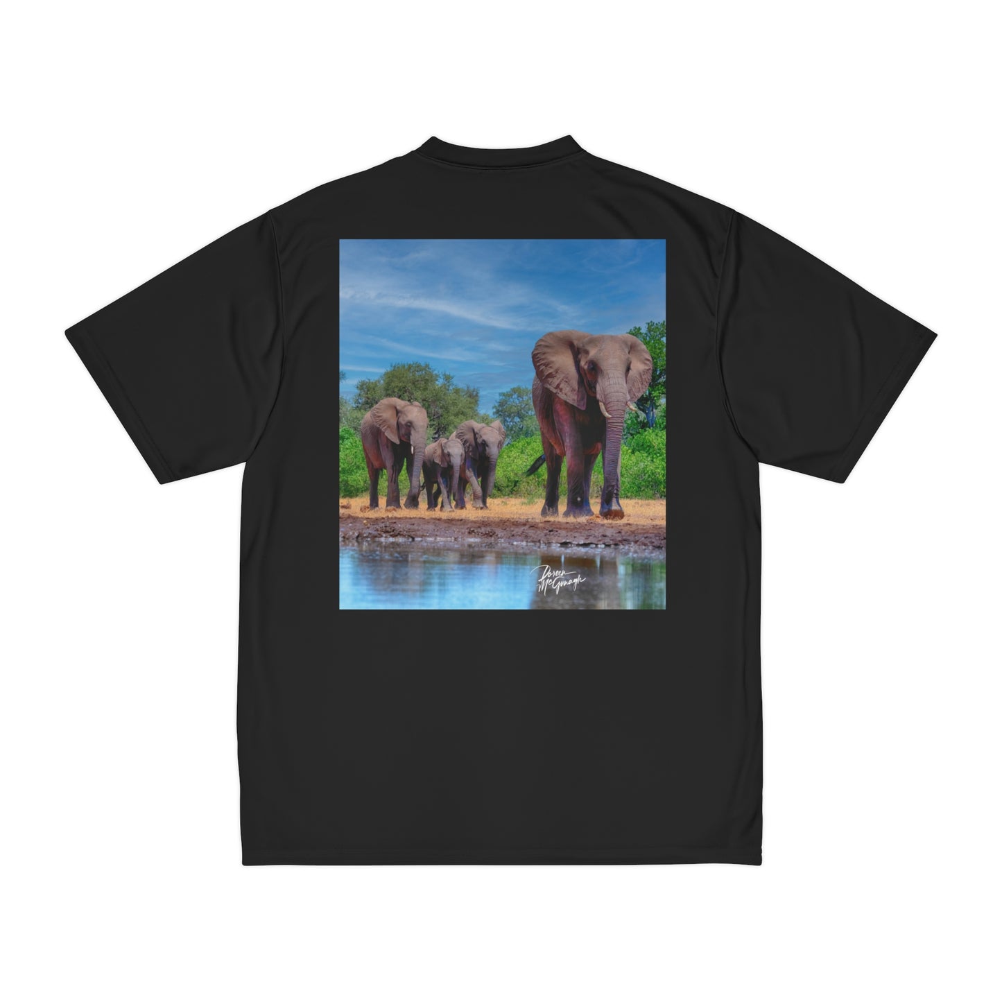 Men's Performance T-Shirt with Fine Art Image of Elephant Family at Watering Hole by Enjoy Nature