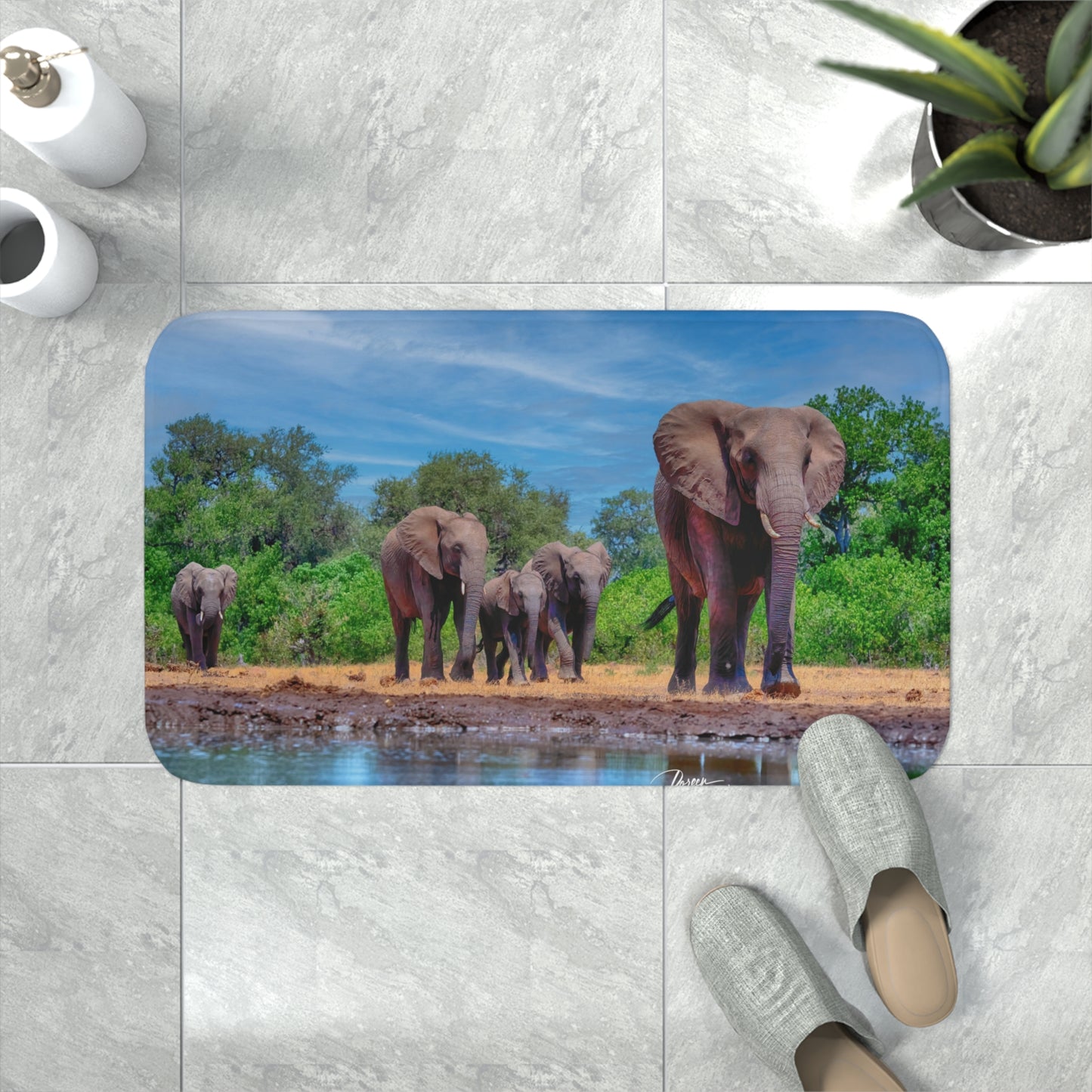 Elephant Family at Watering Hole Memory Foam Bath Mat from Enjoy Nature