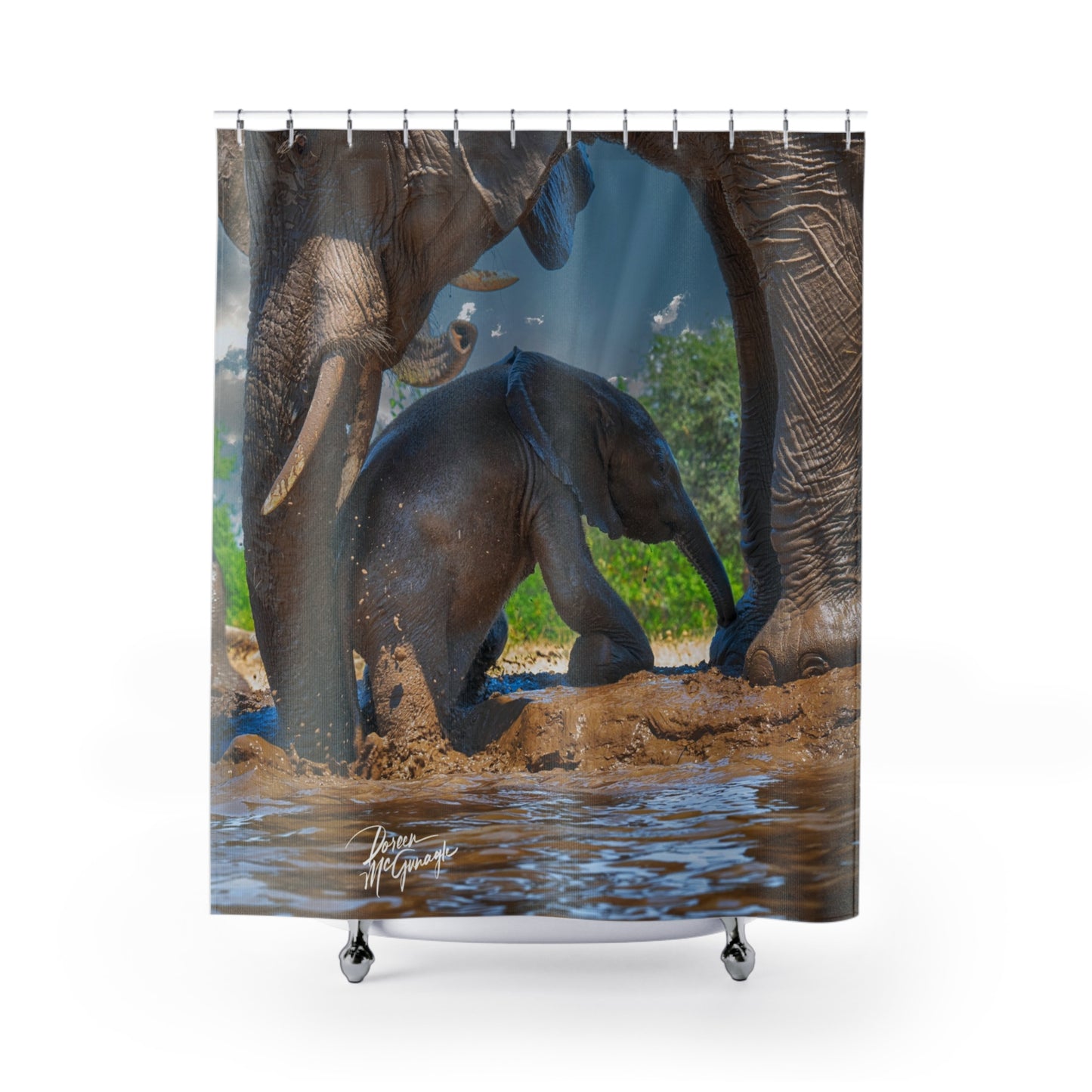 Elephant Baby with Mom's Helping Hand Shower Curtain | Heartwarming & Earthy Family Decor by Enjoy Nature