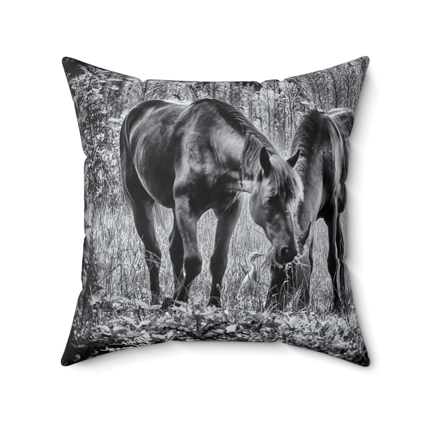 cool throw pillows| comfy throw pillows| luxury throw pillows|  animal throw pillows | Black-White Pair of Horses grazing