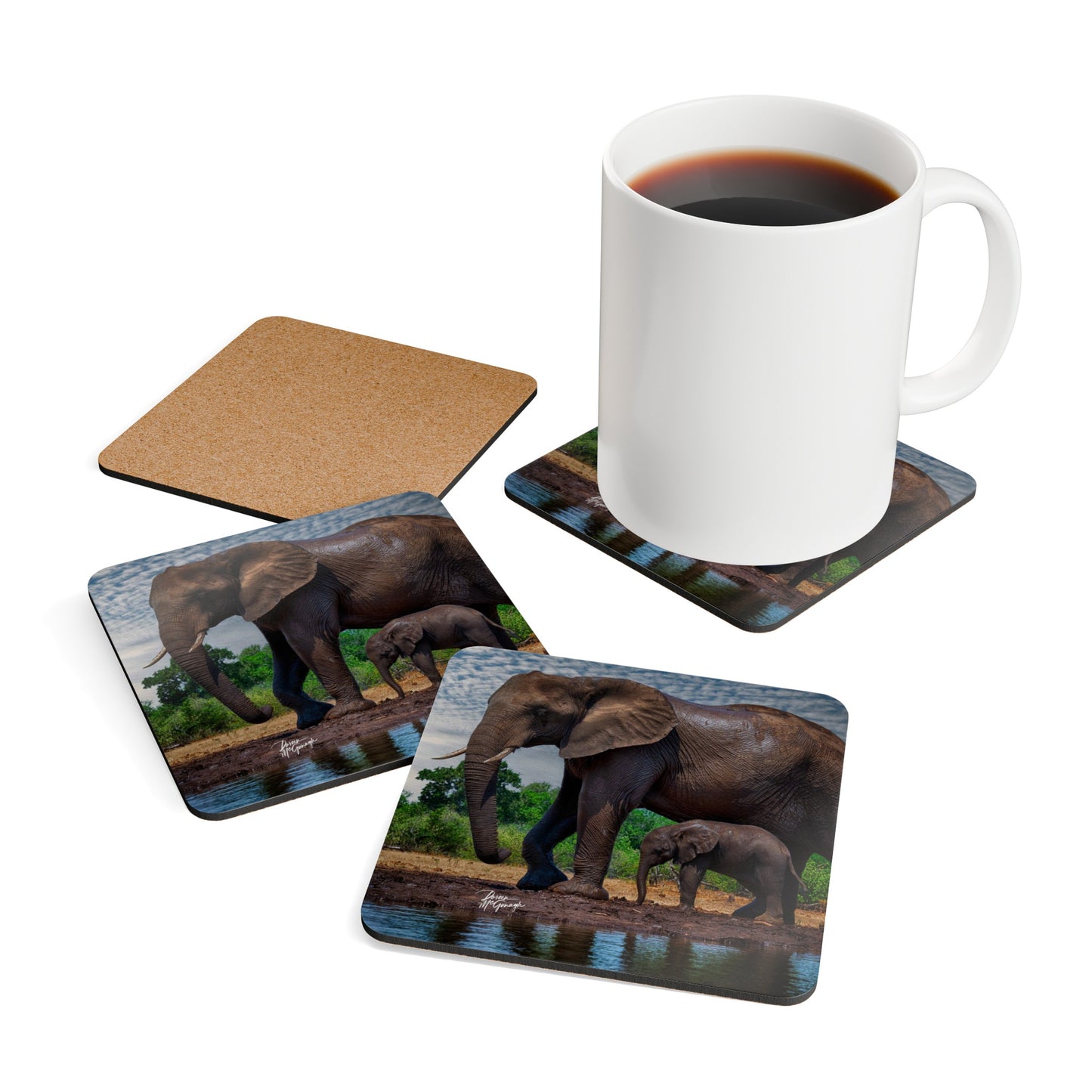 Spirited Elephant Mother with Baby Corkwood Coaster Set (Box of 4)