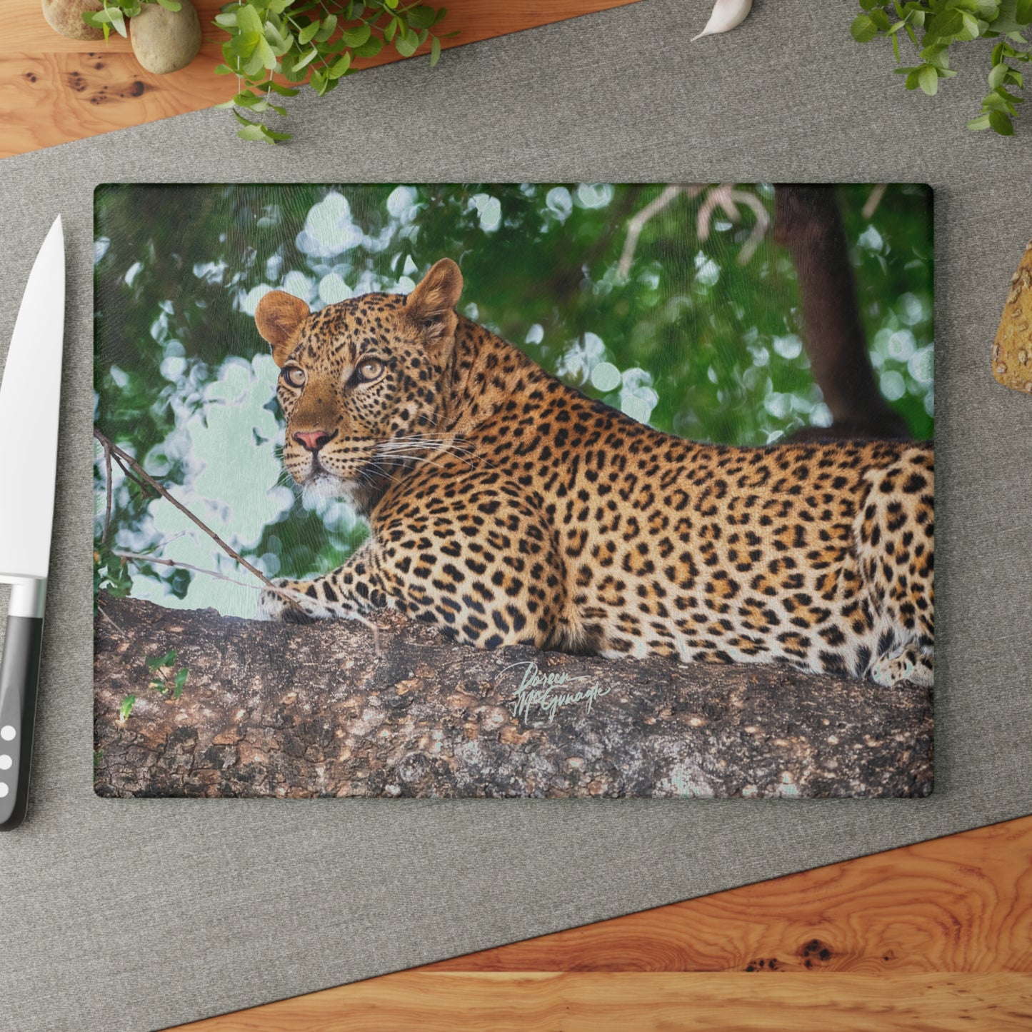 Enjoy Nature Glass Charcuterie Cutting Board with Leopard in Tree Design