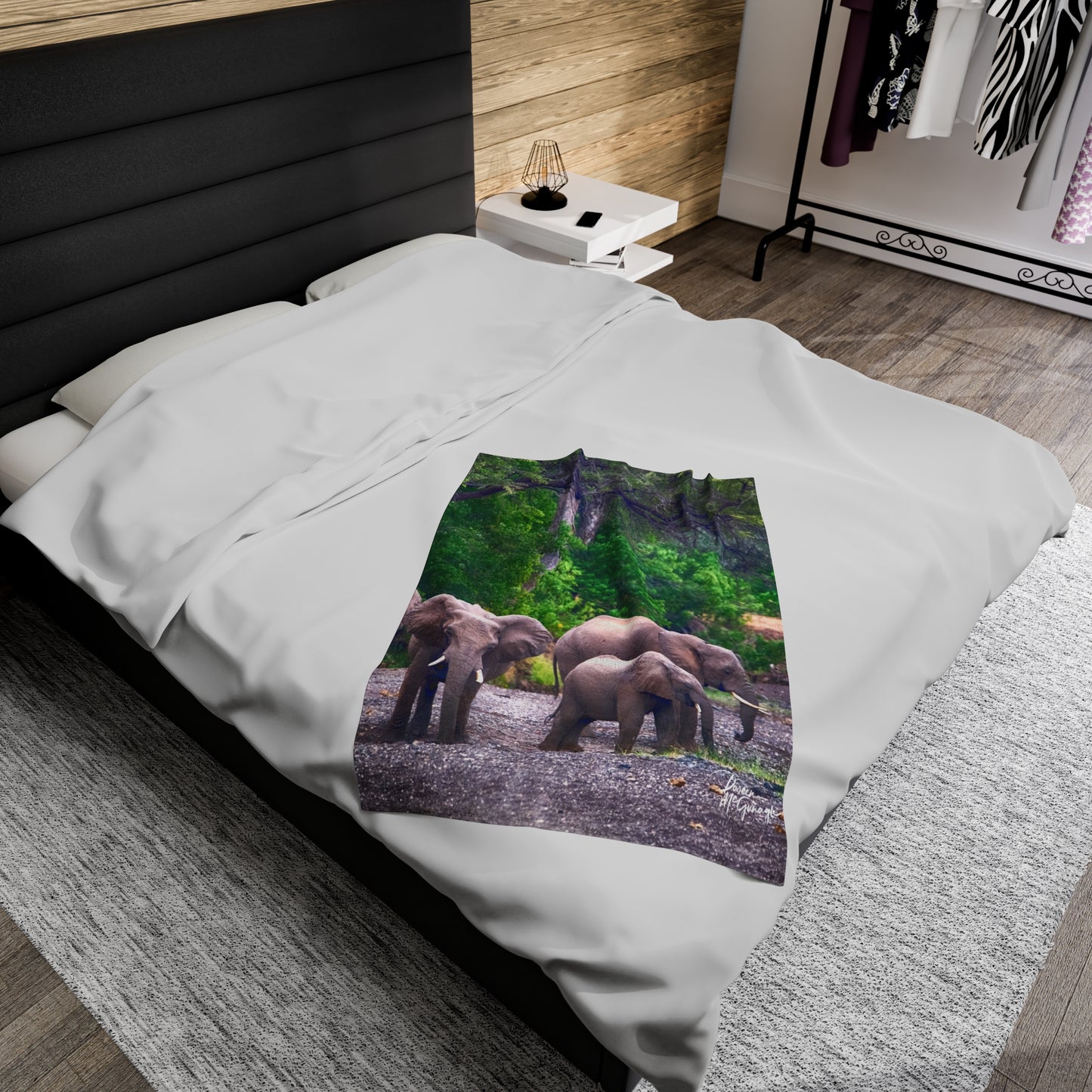 Velveteen Plush Blanket with Elephant Family at Riverbed by Enjoy Nature