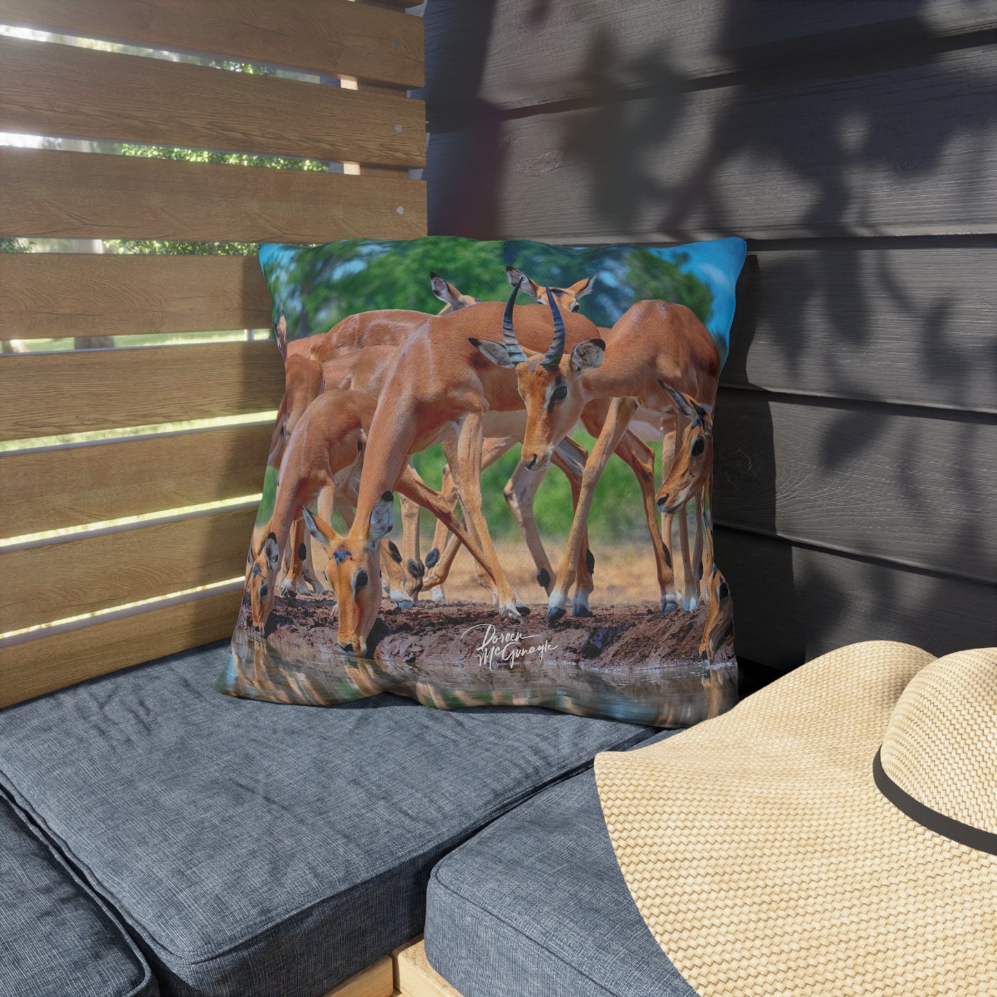 Enjoy Nature Outdoor Pillow with African Antelope at Watering Hole – Artistic, Comfy, and Durable Decorative Accent