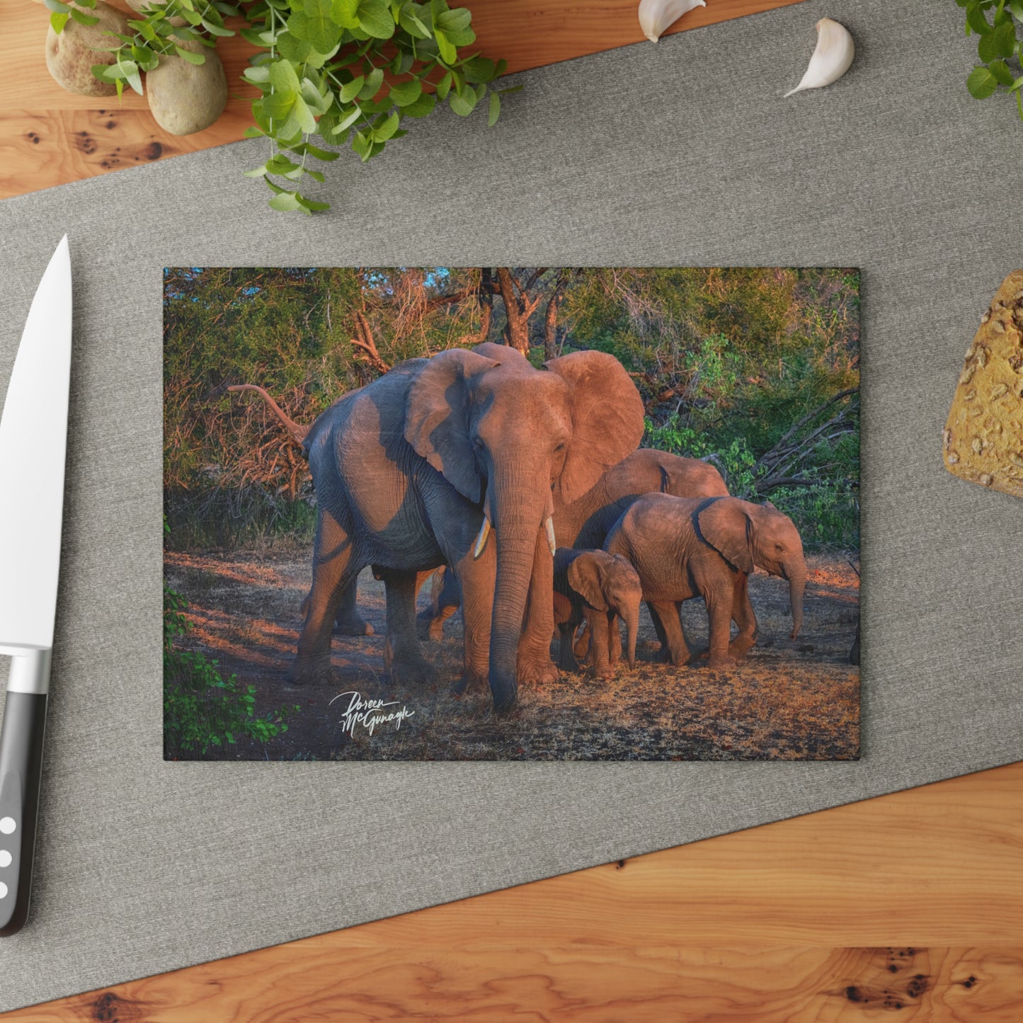 Enjoy Nature Glass Charcuterie Cutting Board with Elephant Family Design