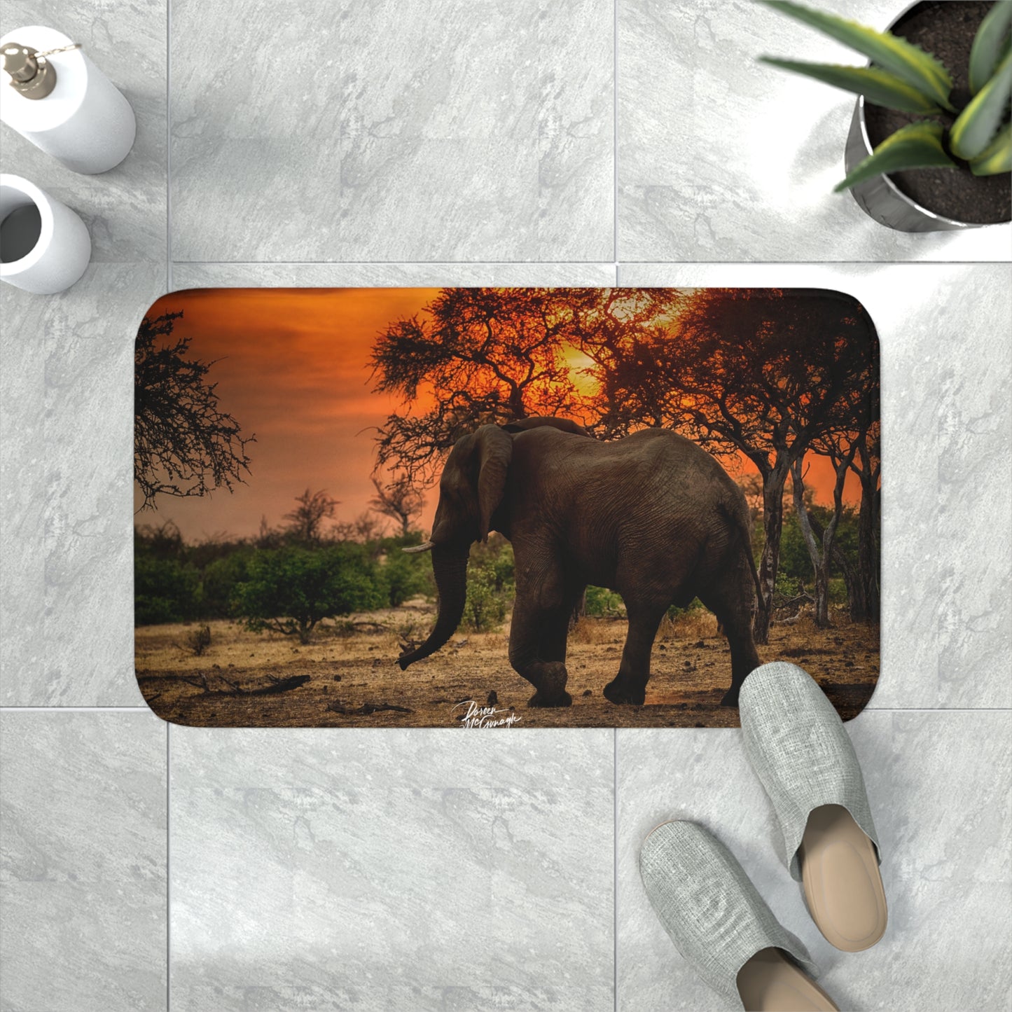 Spirited Elephant Silhouette at Sunset Memory Foam Bath Mat from Enjoy Nature