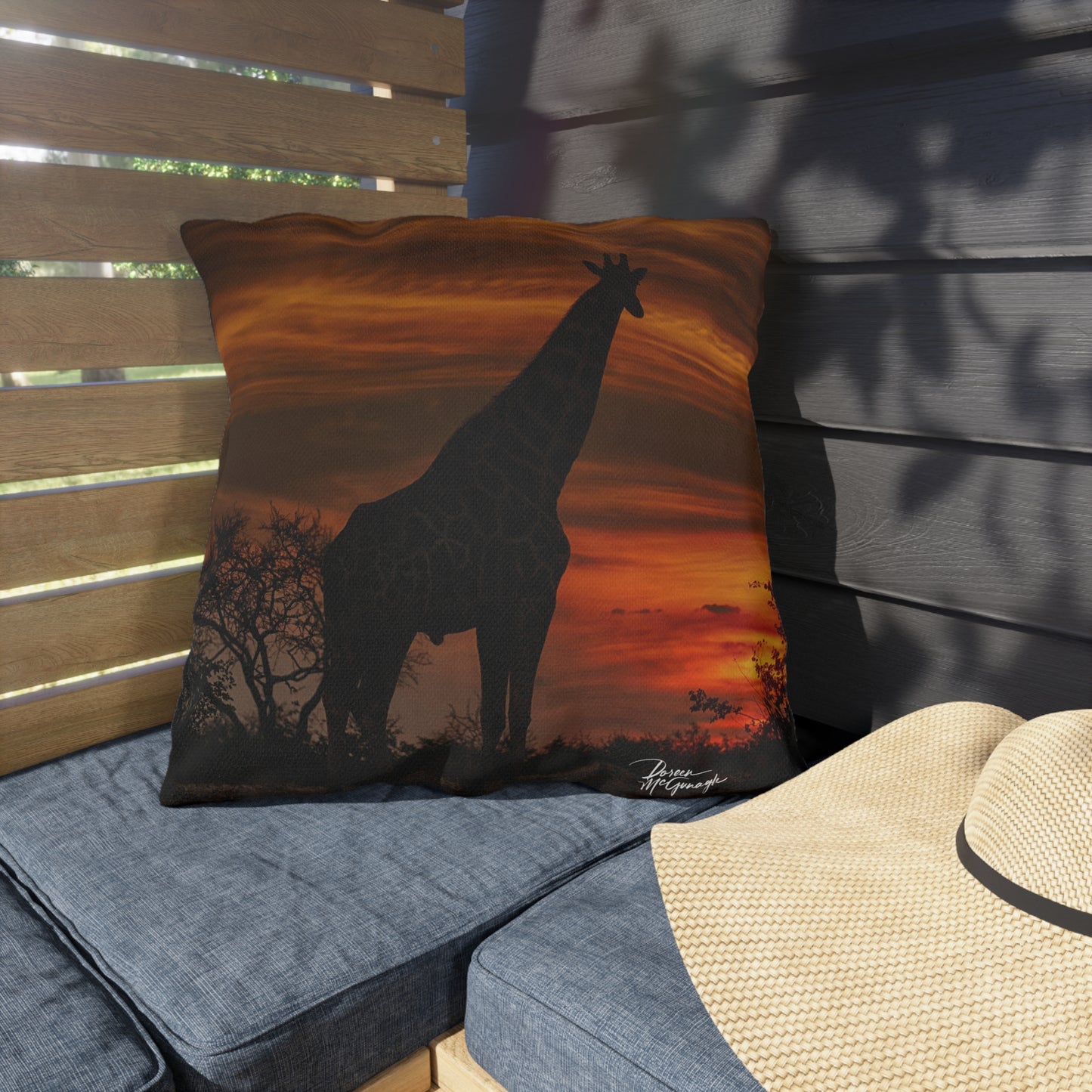 Enjoy Nature Outdoor Pillow with Giraffe Silhouette at Sunset – Artistic, Comfy, and Durable Decorative Accent