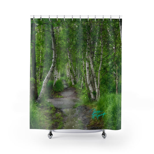 Earthy Shower Curtain, Silver Birch Path, Nature Inspired