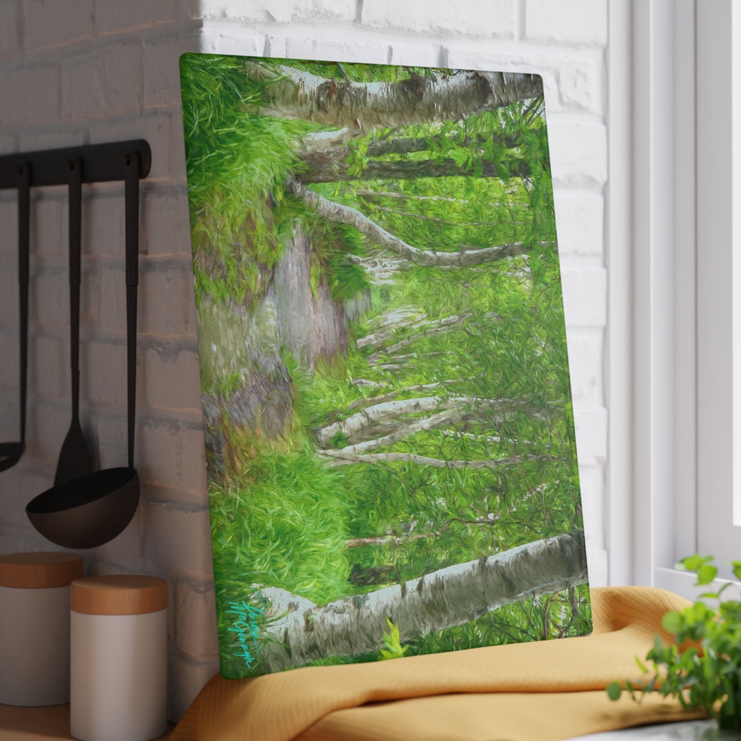 Artistic Magical Birch Forest Glass Cutting Board with Nature-Inspired Design