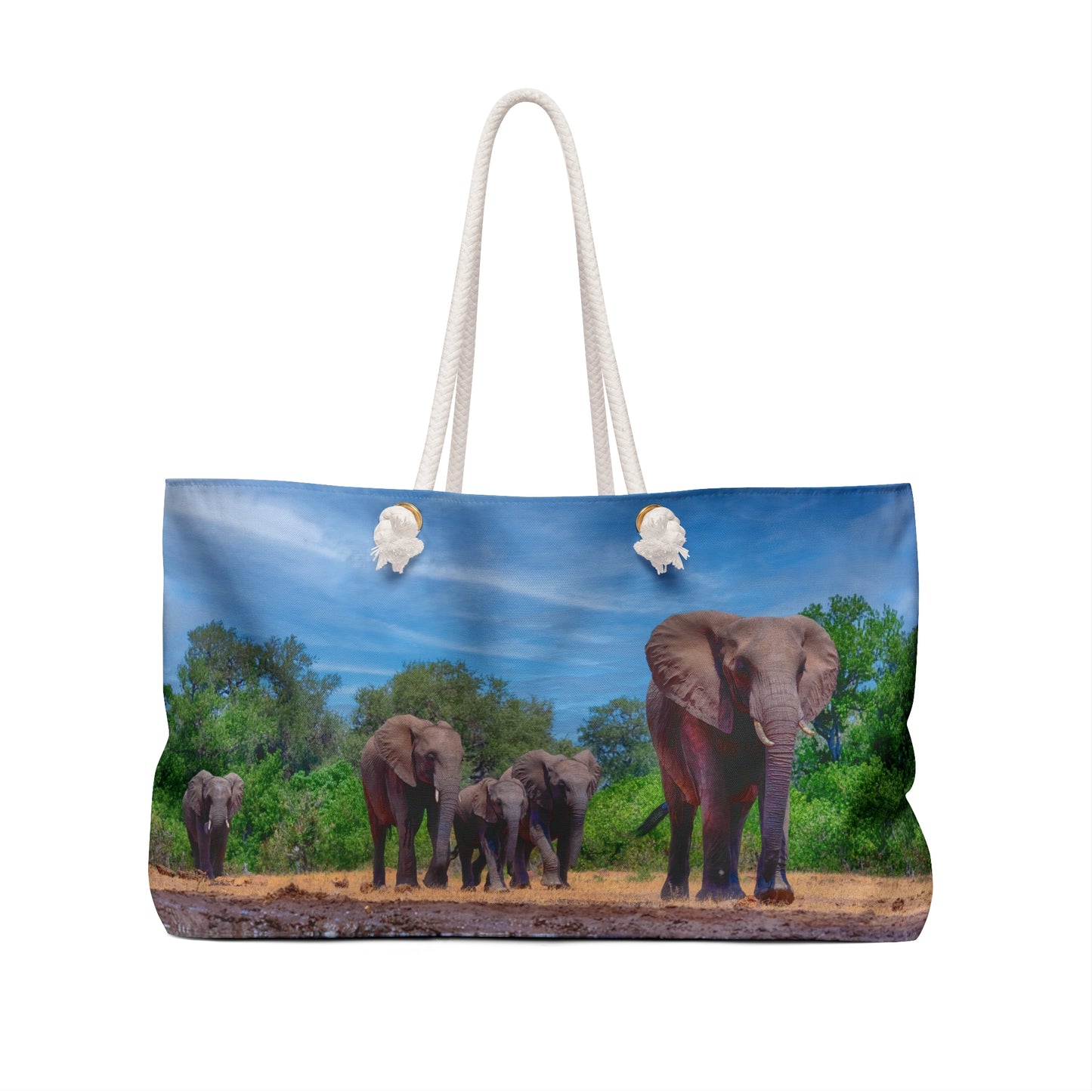 Weekender Tote Bag: Spirited Elephants at Watering Hole by Enjoy Nature