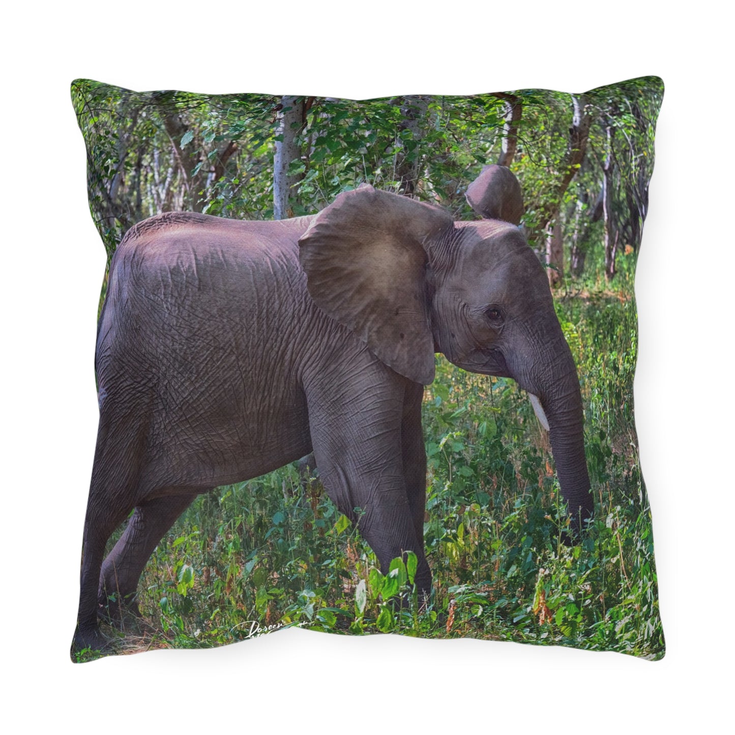 Enjoy Nature Outdoor Pillow with Elephant Baby in Forest – Artistic, Comfy, and Durable Decorative Accent