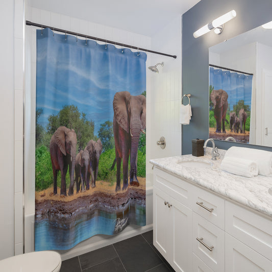 Elephant Family at Watering Hole Shower Curtain | Serene & Earthy Wildlife Decor by Enjoy Nature