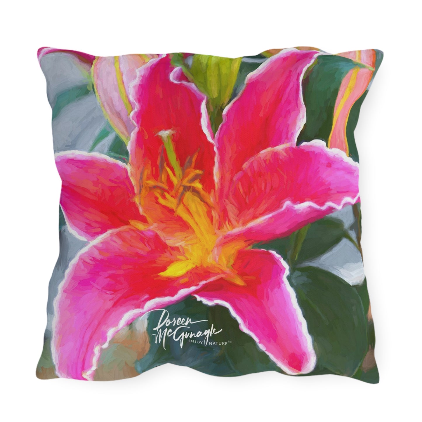 Enjoy Nature Outdoor Pillow with Pink Lily – Artistic, Comfy, and Durable Decorative Accent