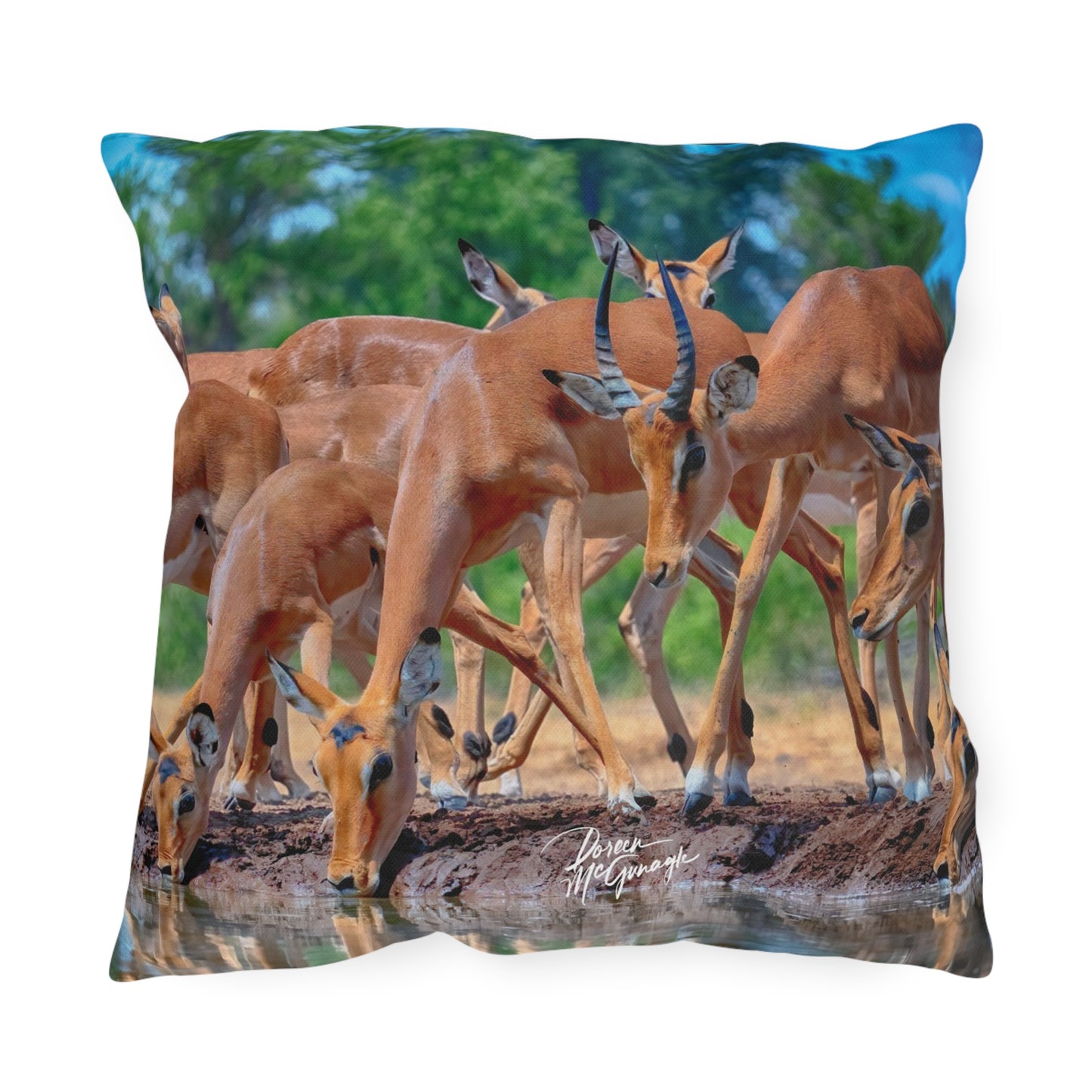 Enjoy Nature Outdoor Pillow with African Antelope at Watering Hole – Artistic, Comfy, and Durable Decorative Accent