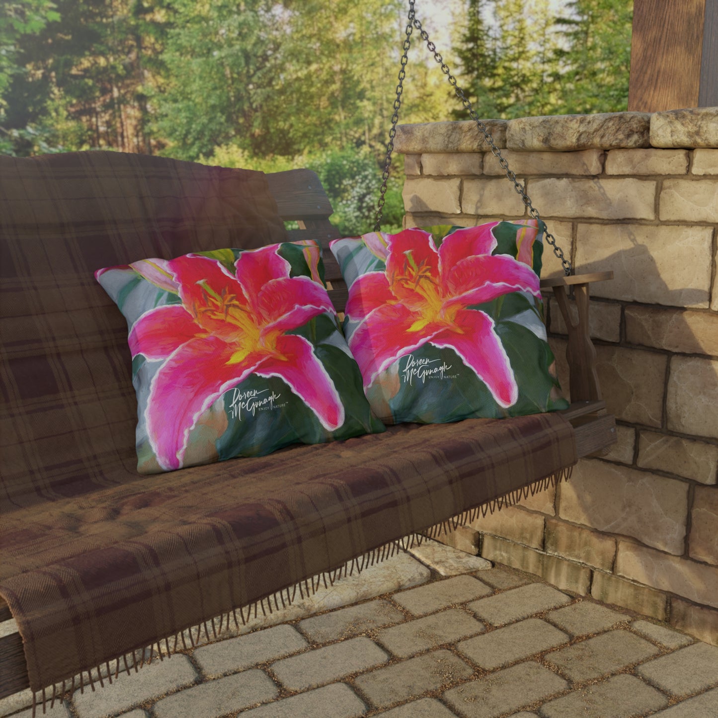 Enjoy Nature Outdoor Pillow with Pink Lily – Artistic, Comfy, and Durable Decorative Accent