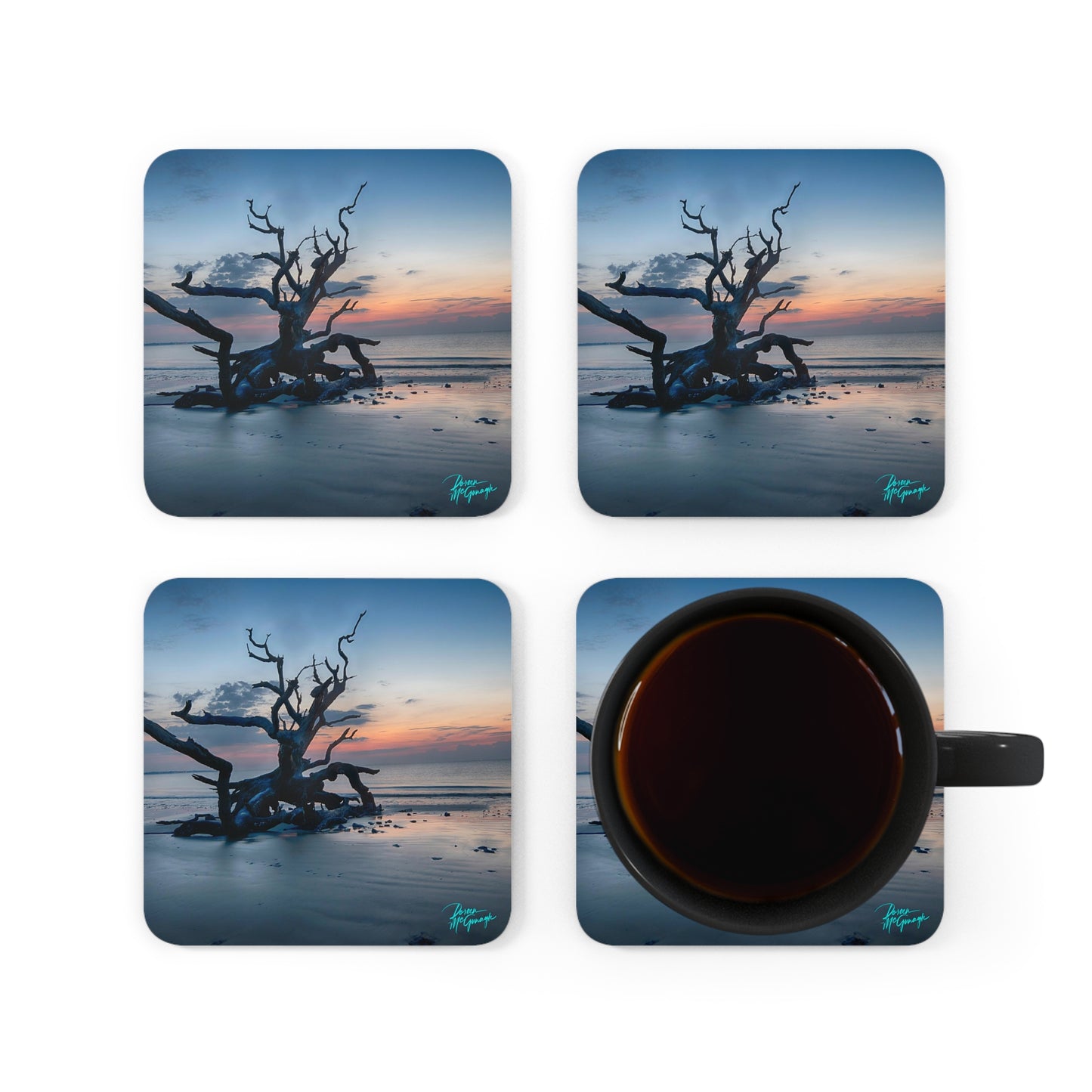 Sunrise on Jekyll Island Corkwood Coaster Set