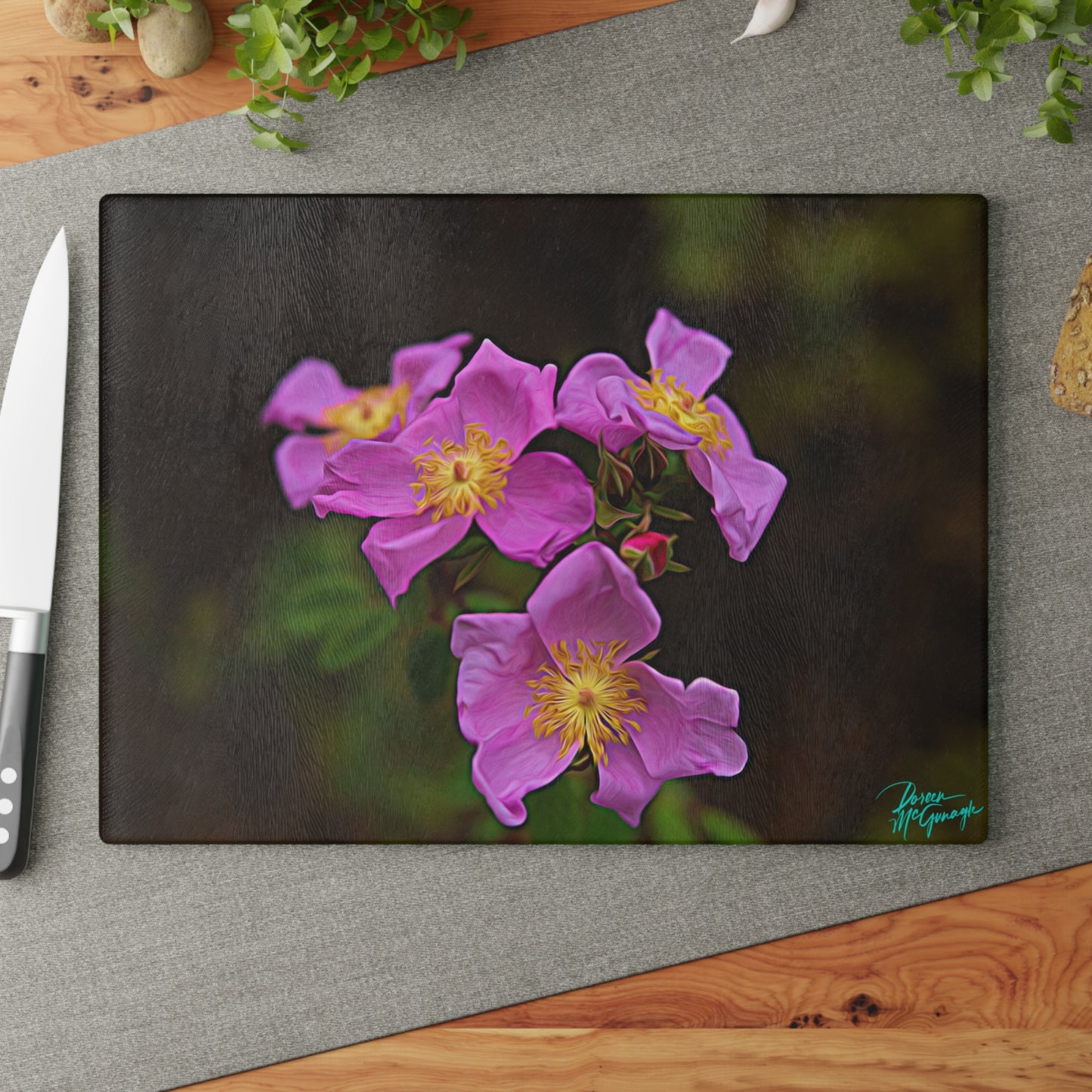 Artistic Enchanted Elegance Wild Flowers Glass Cutting Board with Nature-Inspired Design