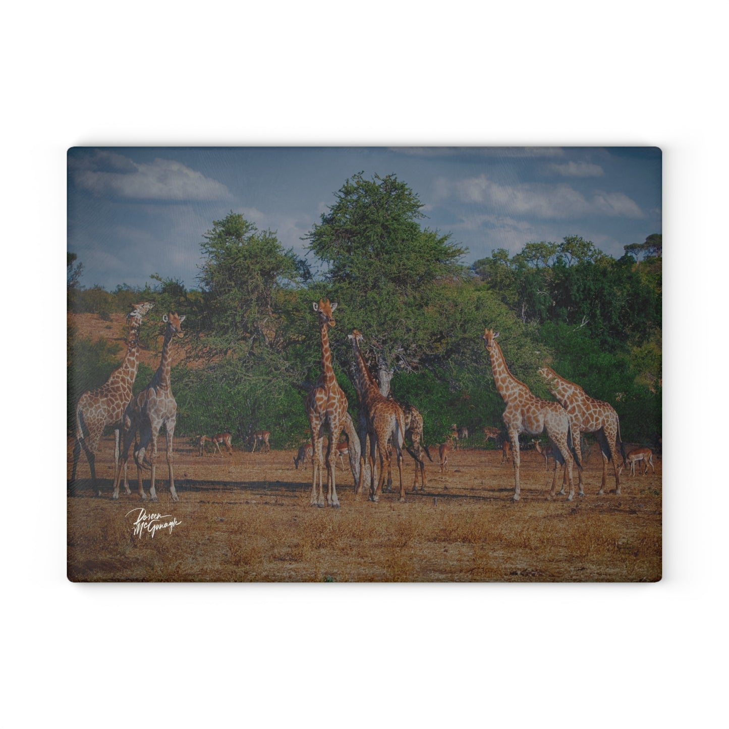 Enjoy Nature Glass Charcuterie Cutting Board with Giraffe Family Design