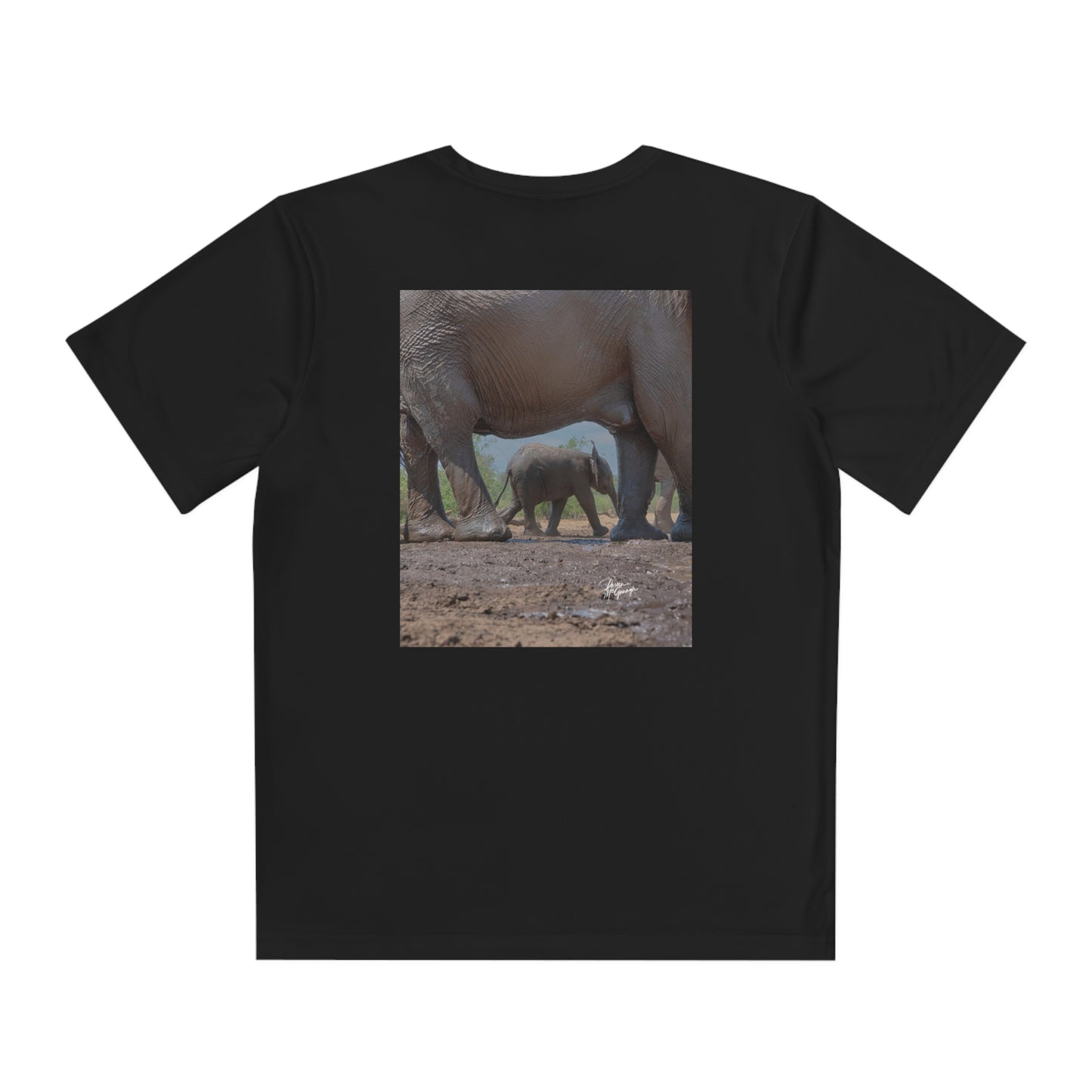 Youth Competitor Tee with Fine Art Image Baby Elephant Under Mom's Protection by Enjoy Nature