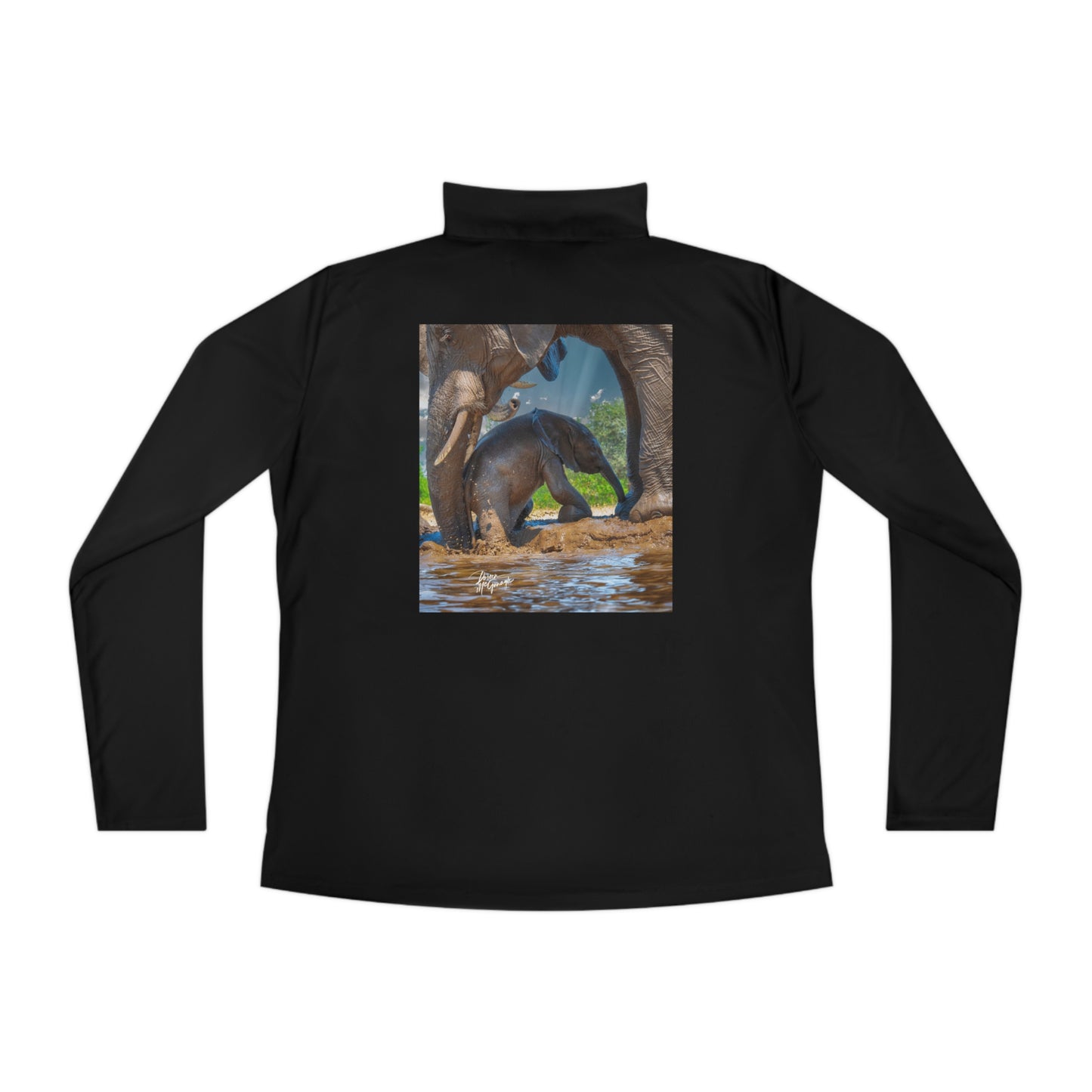 Ladies Quarter-Zip Pullover with Fine Art Image of Elephant Baby with Mom's Gentle Touch by Enjoy Nature