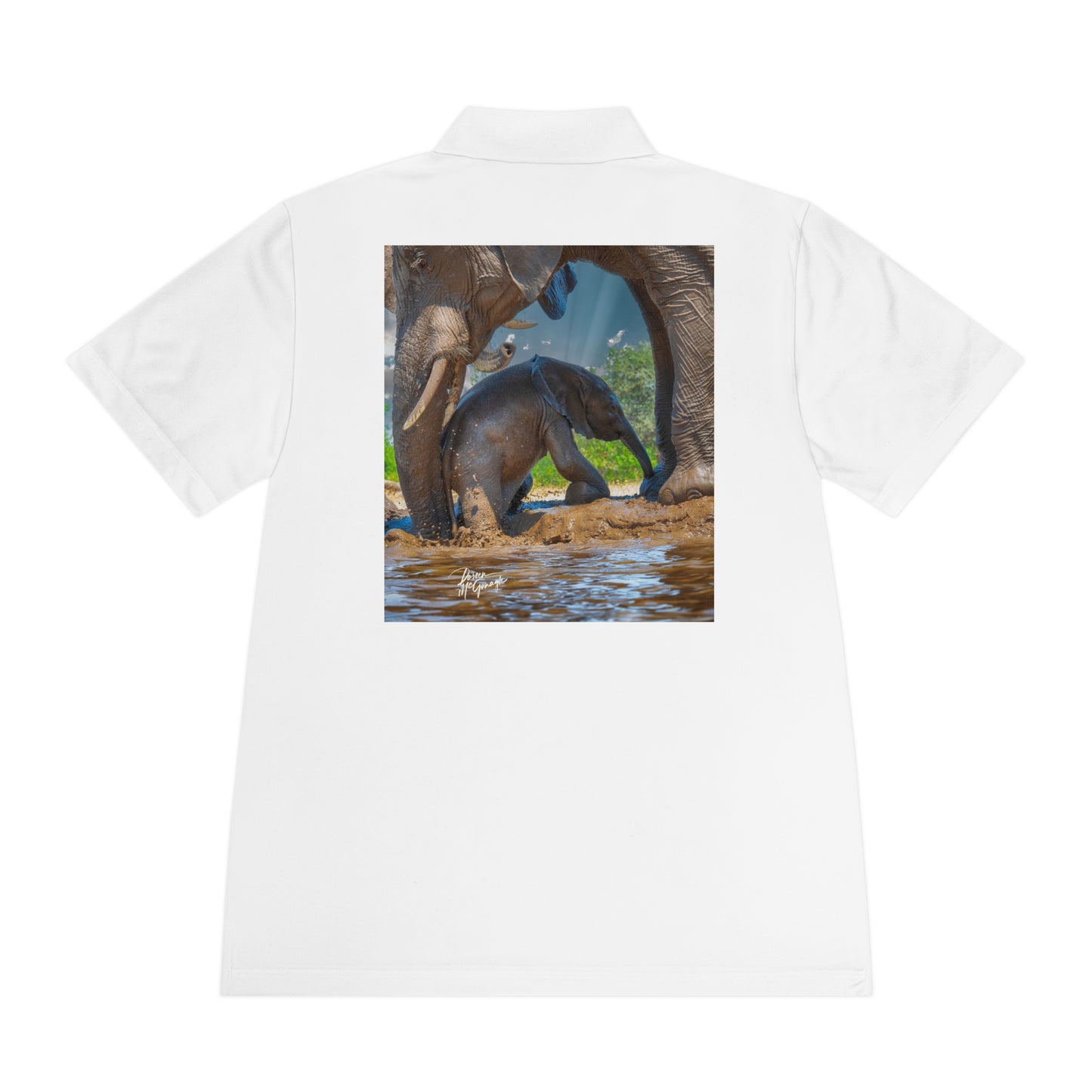 Men's Performance Polo Shirt - Baby Elephant with Mom by Enjoy Nature