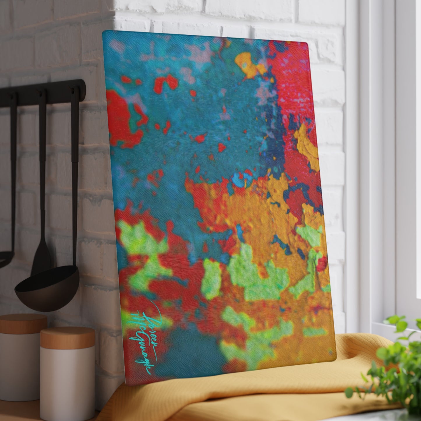 Artistic  Life and Soul Abstract Glass Cutting Board with Nature-Inspired Design