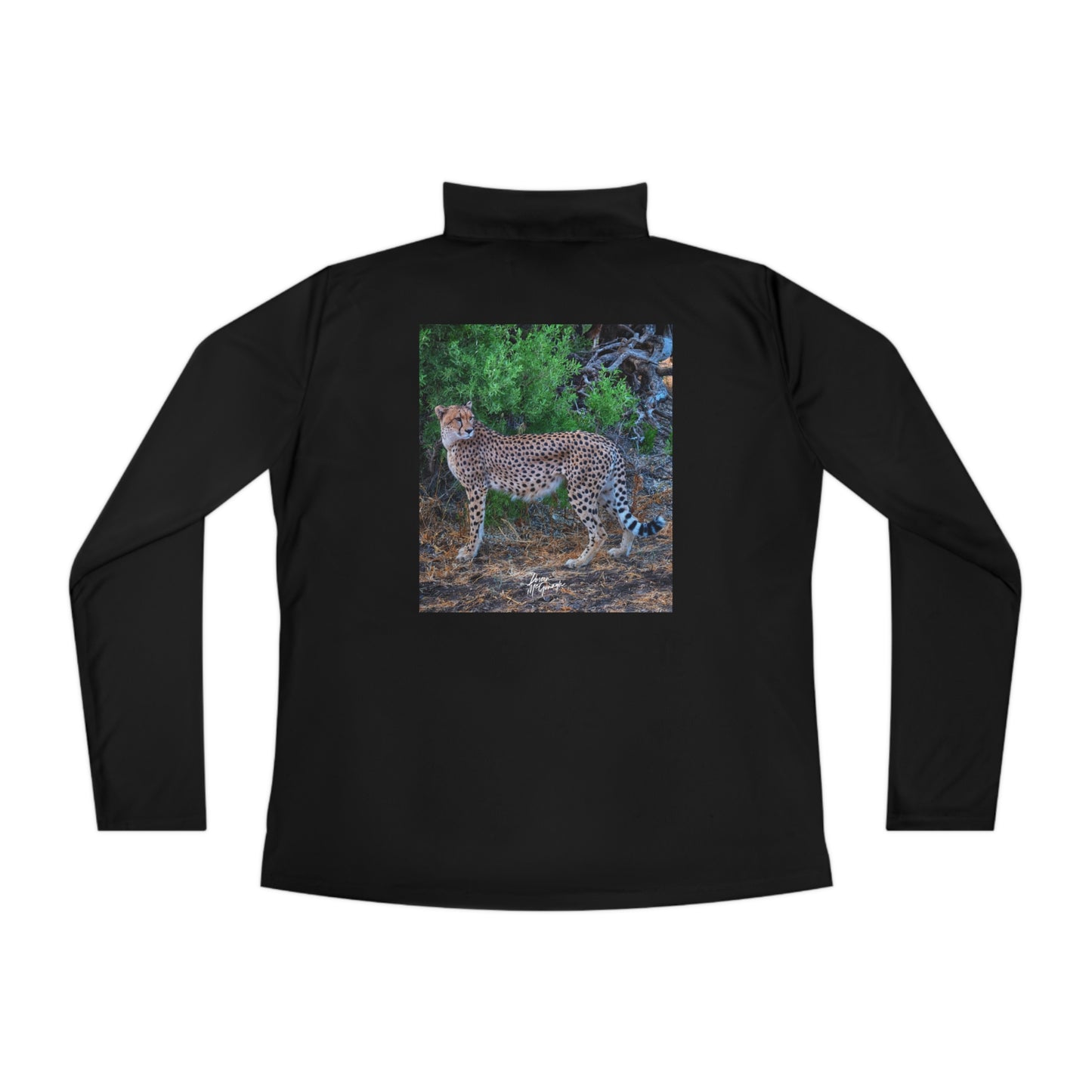 Ladies Quarter-Zip Pullover with Fine Art Image of Cheetah Stand by Enjoy Nature