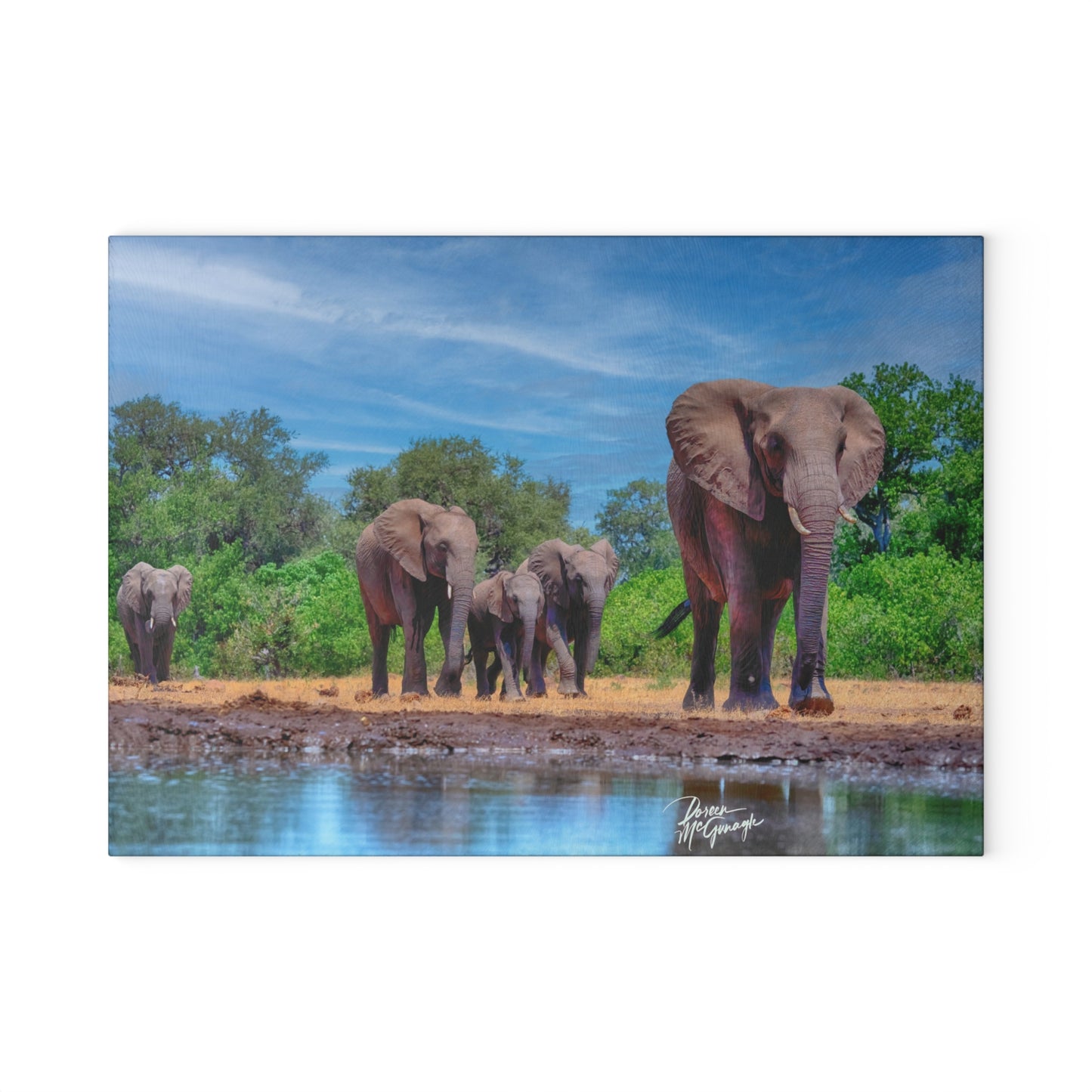 Enjoy Nature Glass Charcuterie Cutting Board with Elephant Family at Watering Hole Design