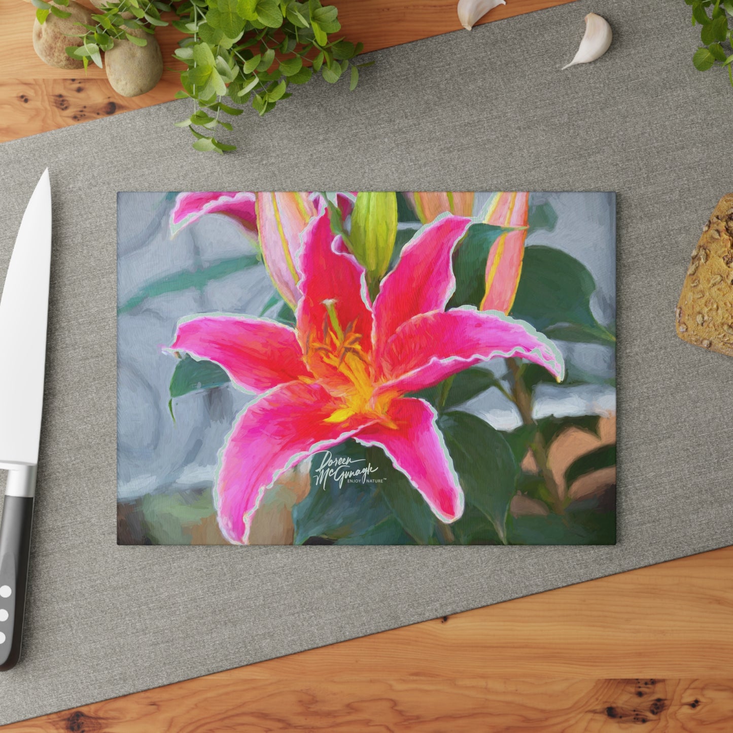 Enjoy Nature Glass Charcuterie Cutting Board with Pink Lily Design