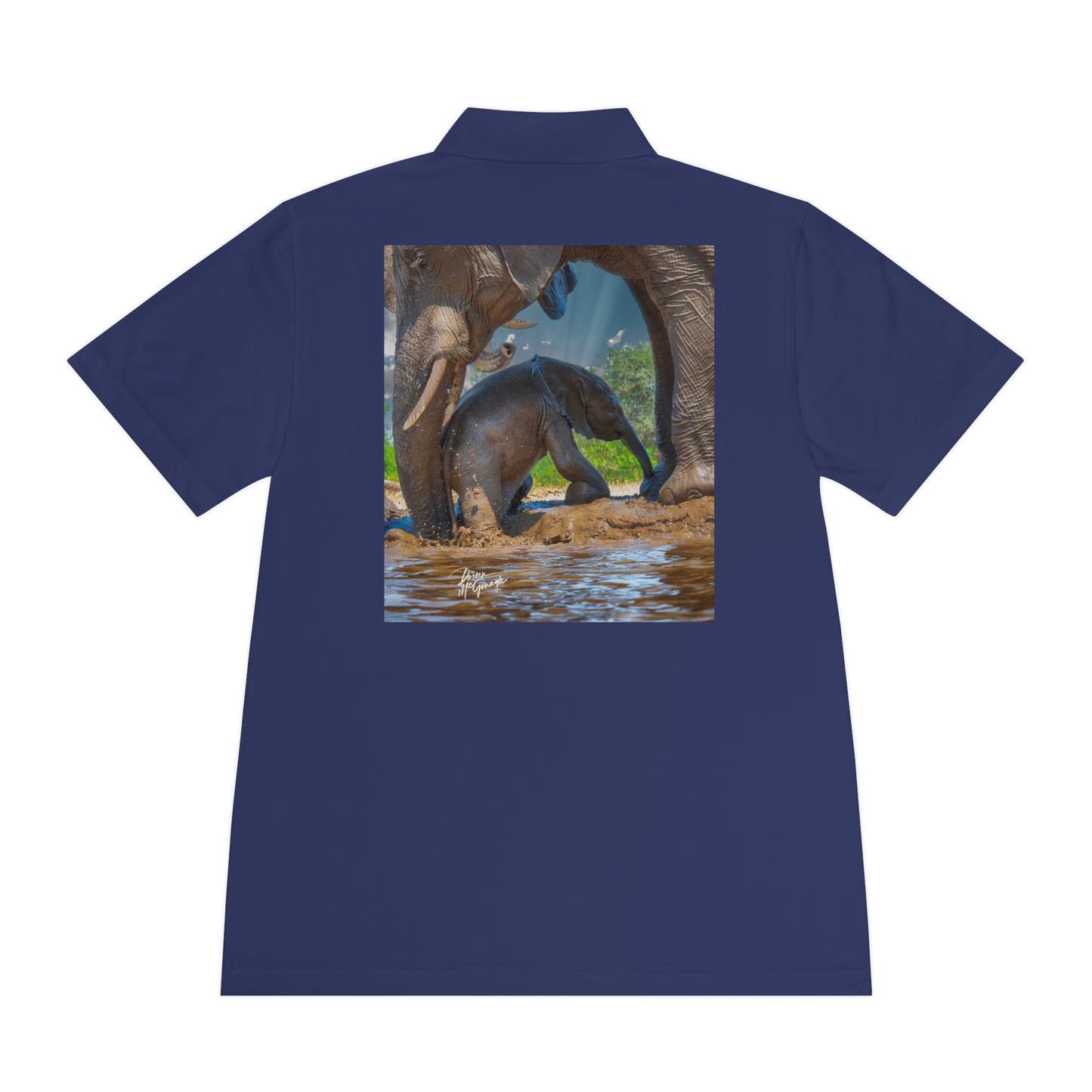 Men's Performance Polo Shirt - Baby Elephant with Mom by Enjoy Nature