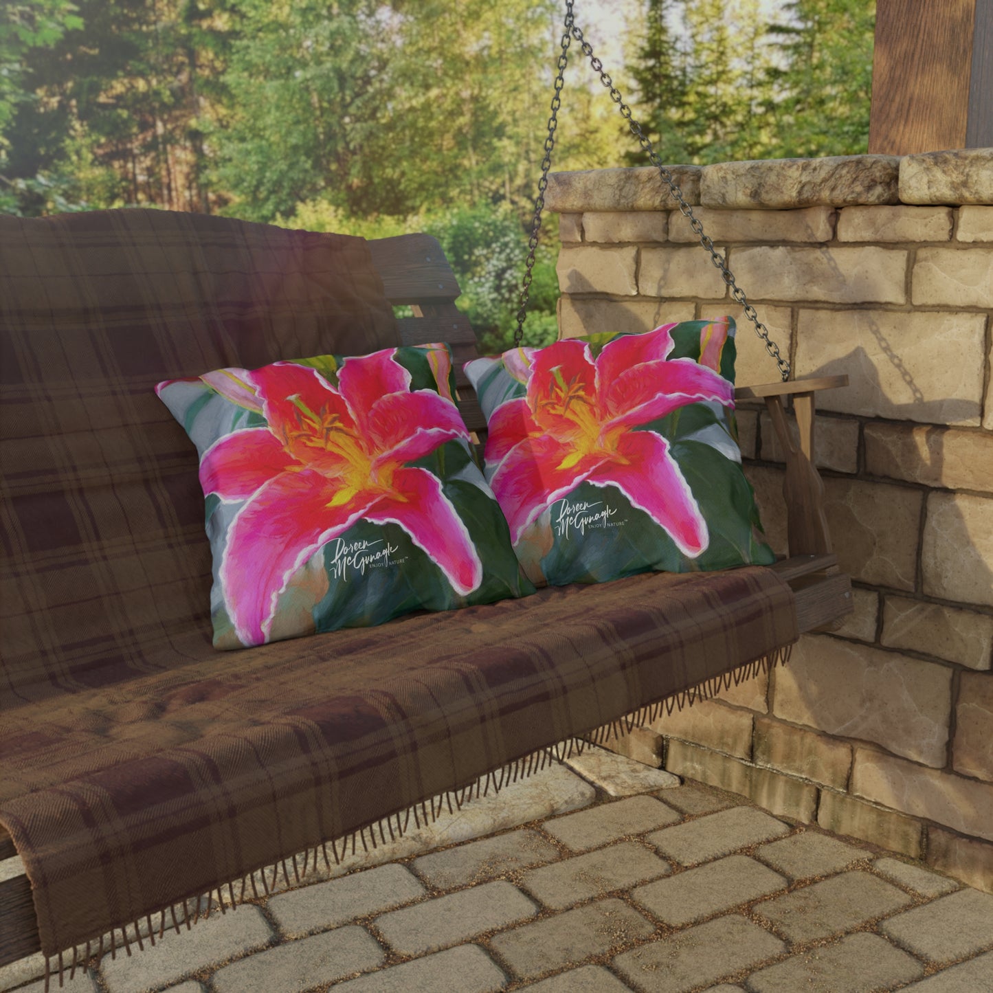 Enjoy Nature Outdoor Pillow with Pink Lily – Artistic, Comfy, and Durable Decorative Accent