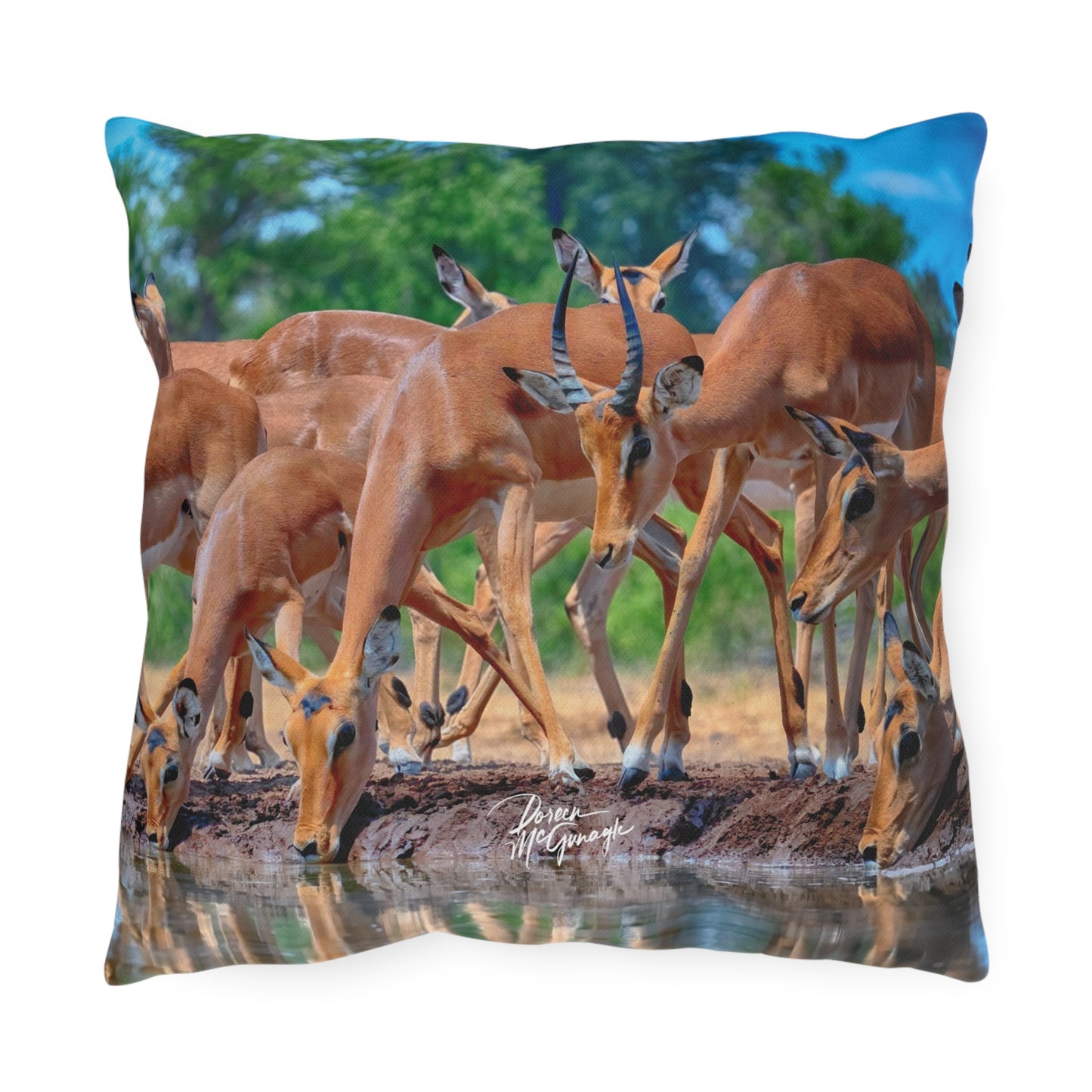 Enjoy Nature Outdoor Pillow with African Antelope at Watering Hole – Artistic, Comfy, and Durable Decorative Accent